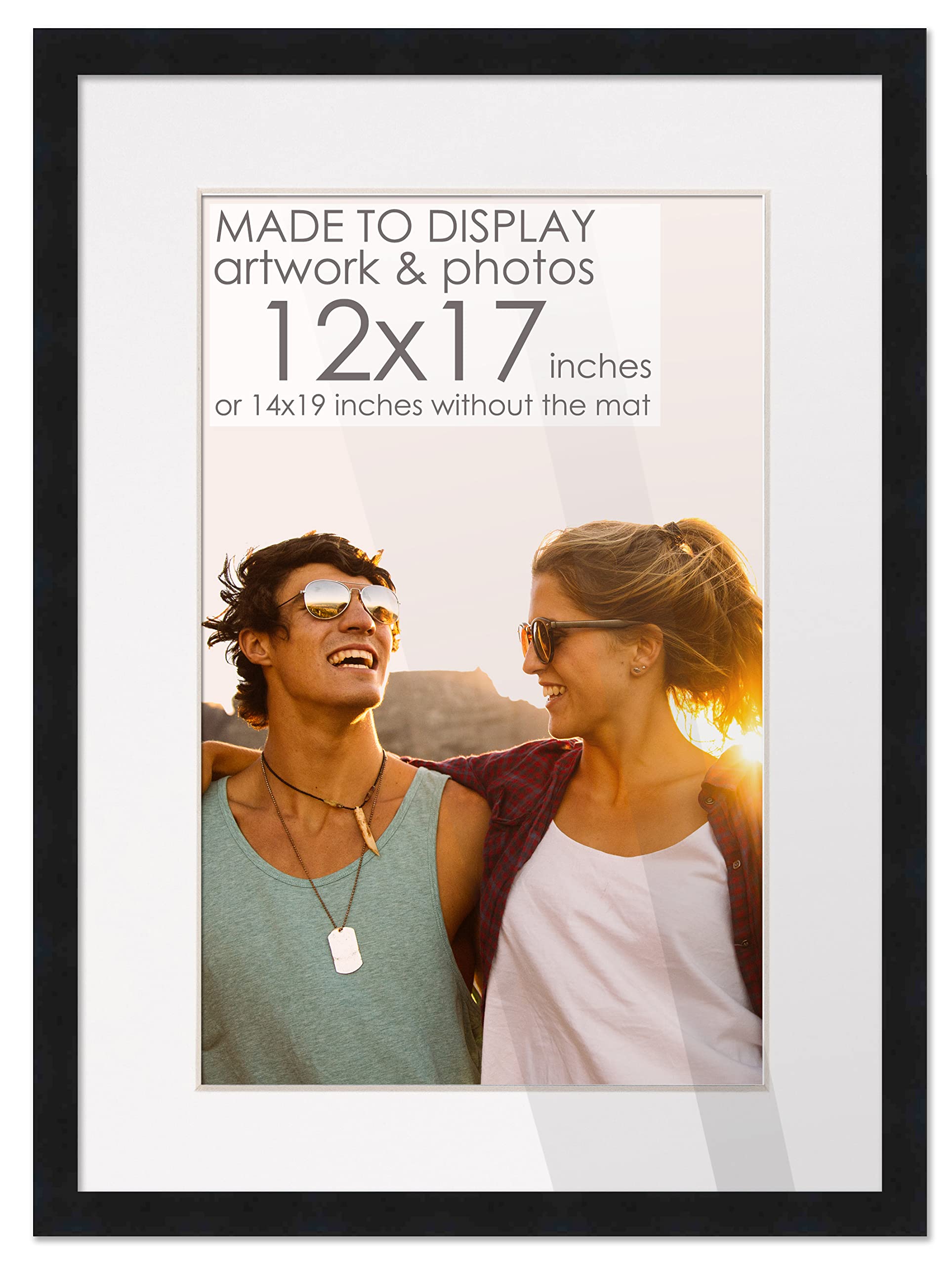 12x17 Frame Black Wood with White Mat | 14x19 Frame Matted to 12x17 | Display Your Picture Under UV Acrylic Shatter Guard Front,