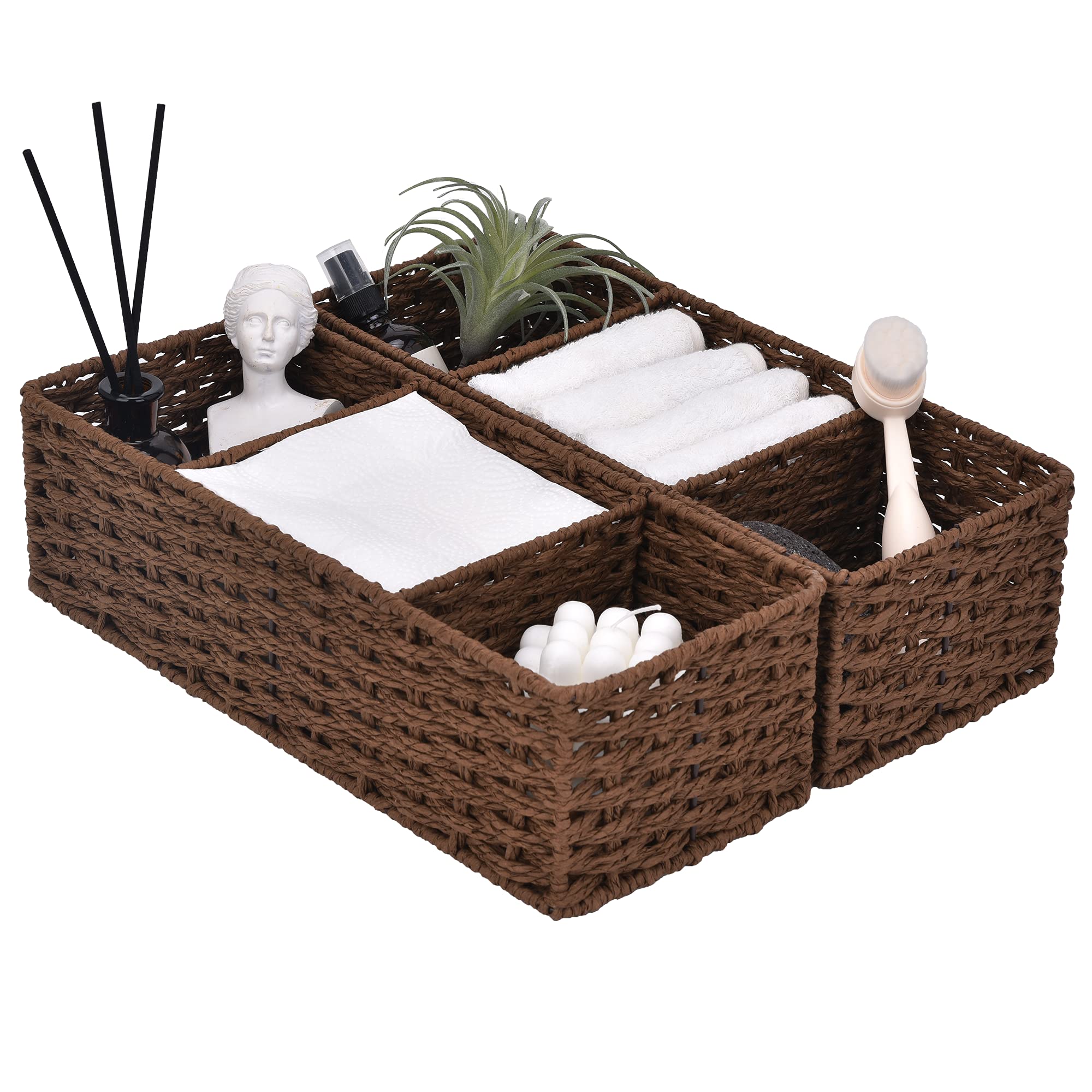 StorageWorks 3-Section Wicker Baskets for Shelves  Hand-Woven Round Paper Rope Storage Baskets  Walnut  2-Pack