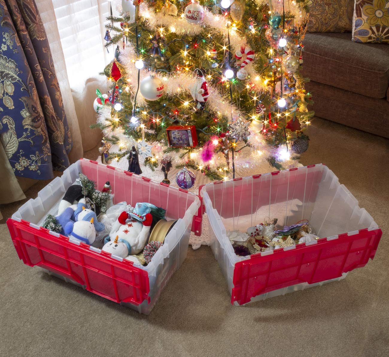 Akro-Mils 12 Gallon KeepBox Storage Container, Clear/Red, Stackable with Lid, 21-1/2" x 15" x 12-1/2",