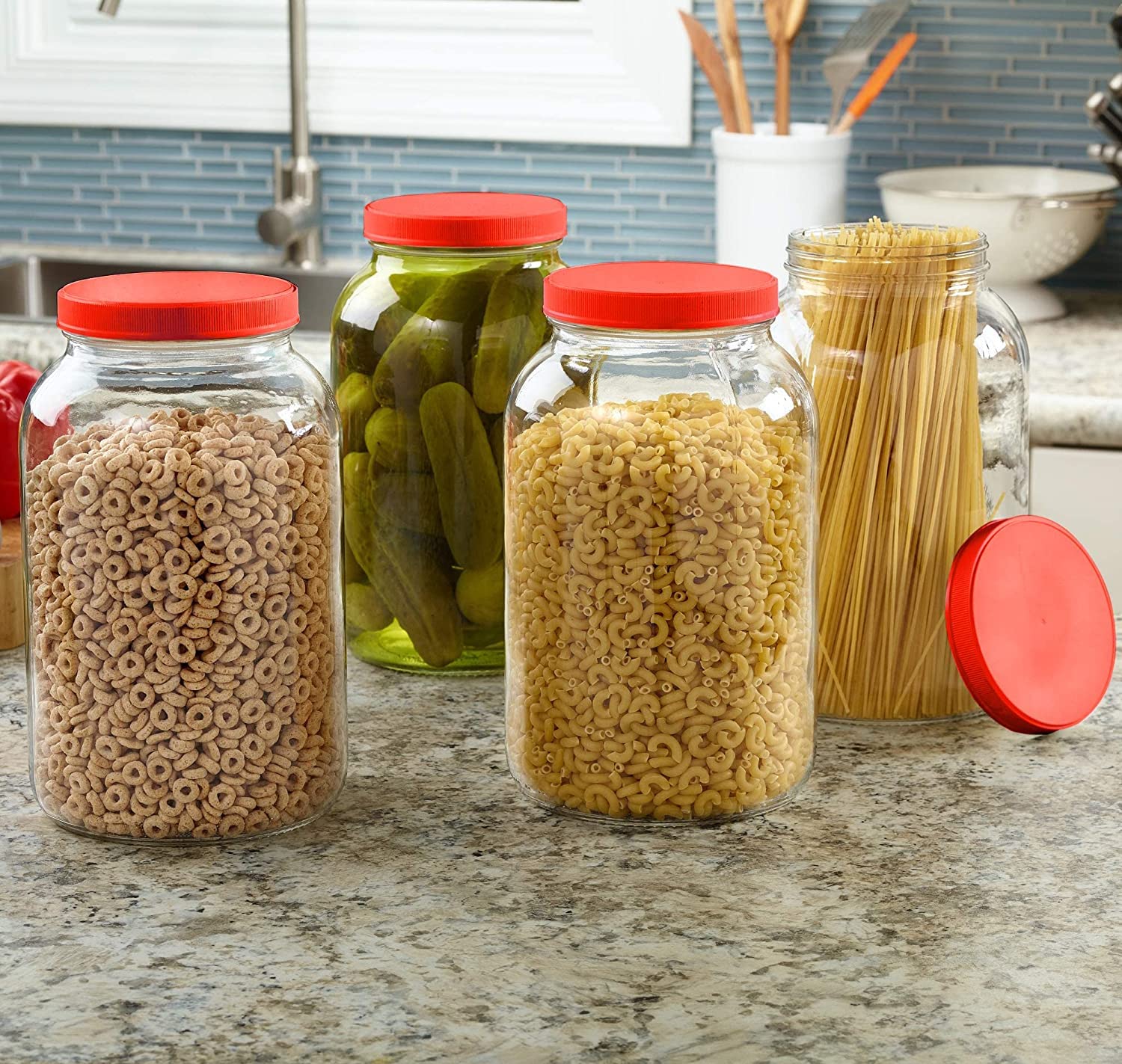 Feelopie Aahar Jar with Red Lid for Lentils, Food, Pickles, Spices, Sweets, Snacks, Rice, Kitchen Storage (3 KG, Set Of 4)