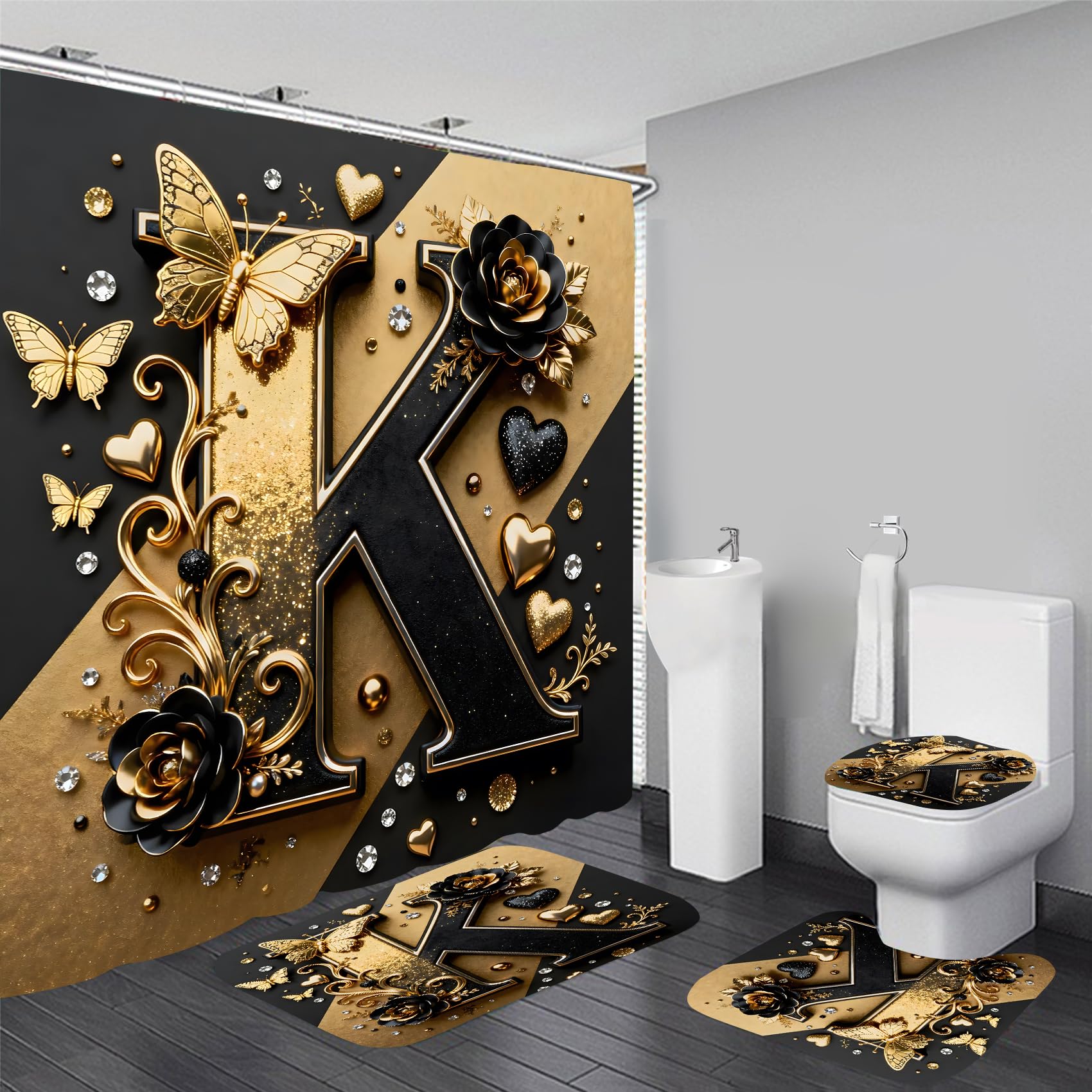 Azhm 4 Piece Black And Gold Creative Letter K Flower Shower Curtain Sets 3D Letter K Floral Design Shower Curtains For Bathroom 