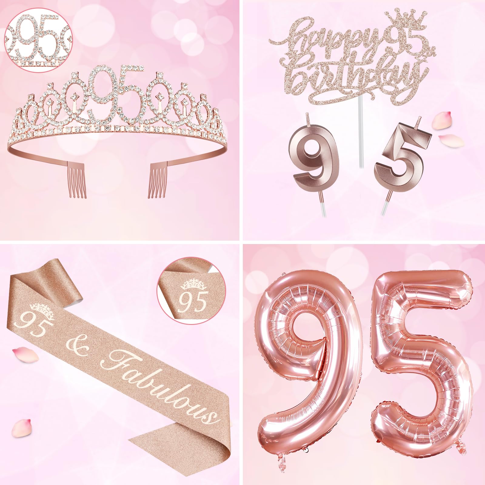 YeohJoy 95th Birthday Party Decorations Set - Rose Gold Sash, Crown, Cake Topper, Number Balloons & Candles for 95 Year Old