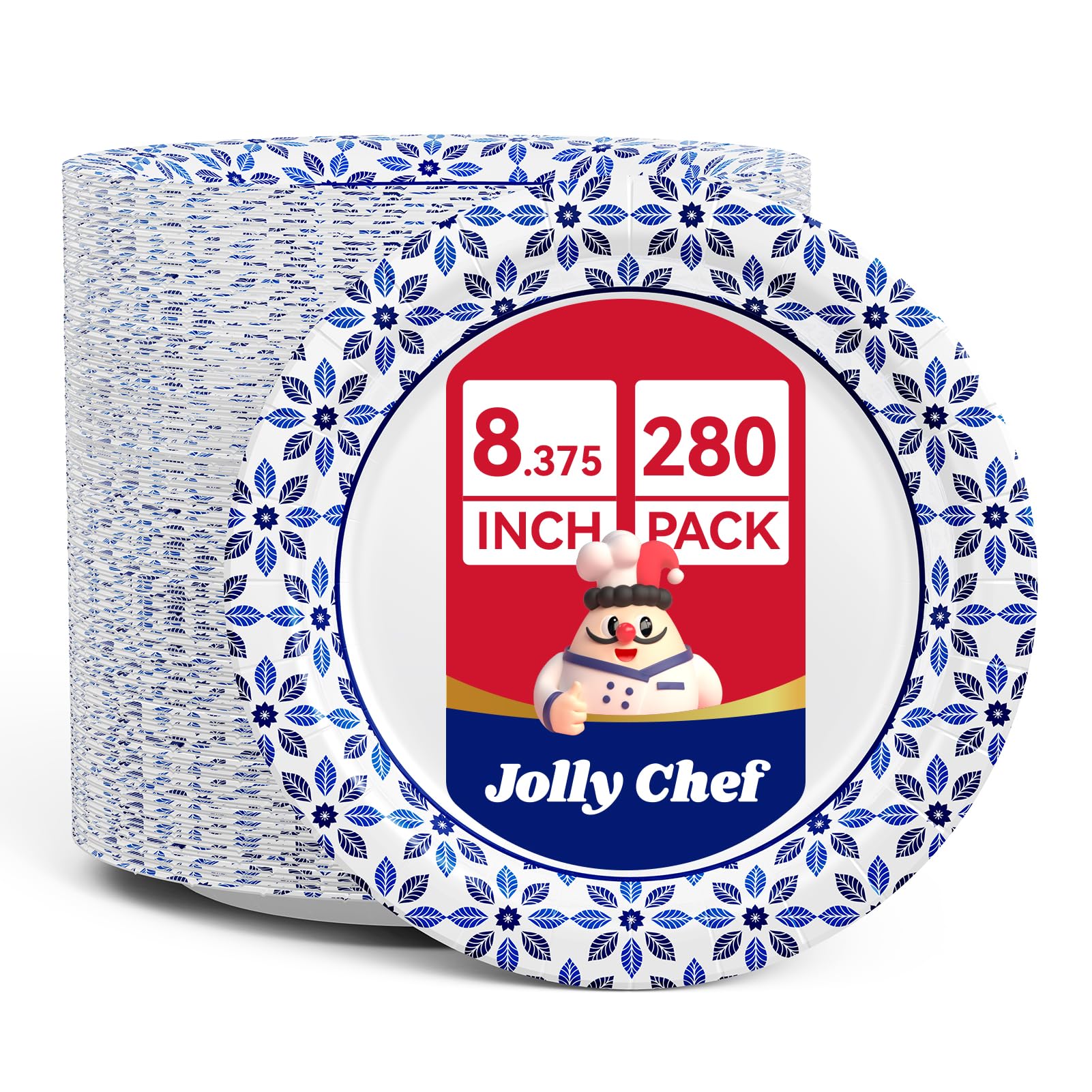 JOLLY CHEF 8.37 inch Paper Plates 280 Count Soak Proof  Cut Proof  Microwave Safe Heavy Duty Printed Disposable Plate for Everyday Use