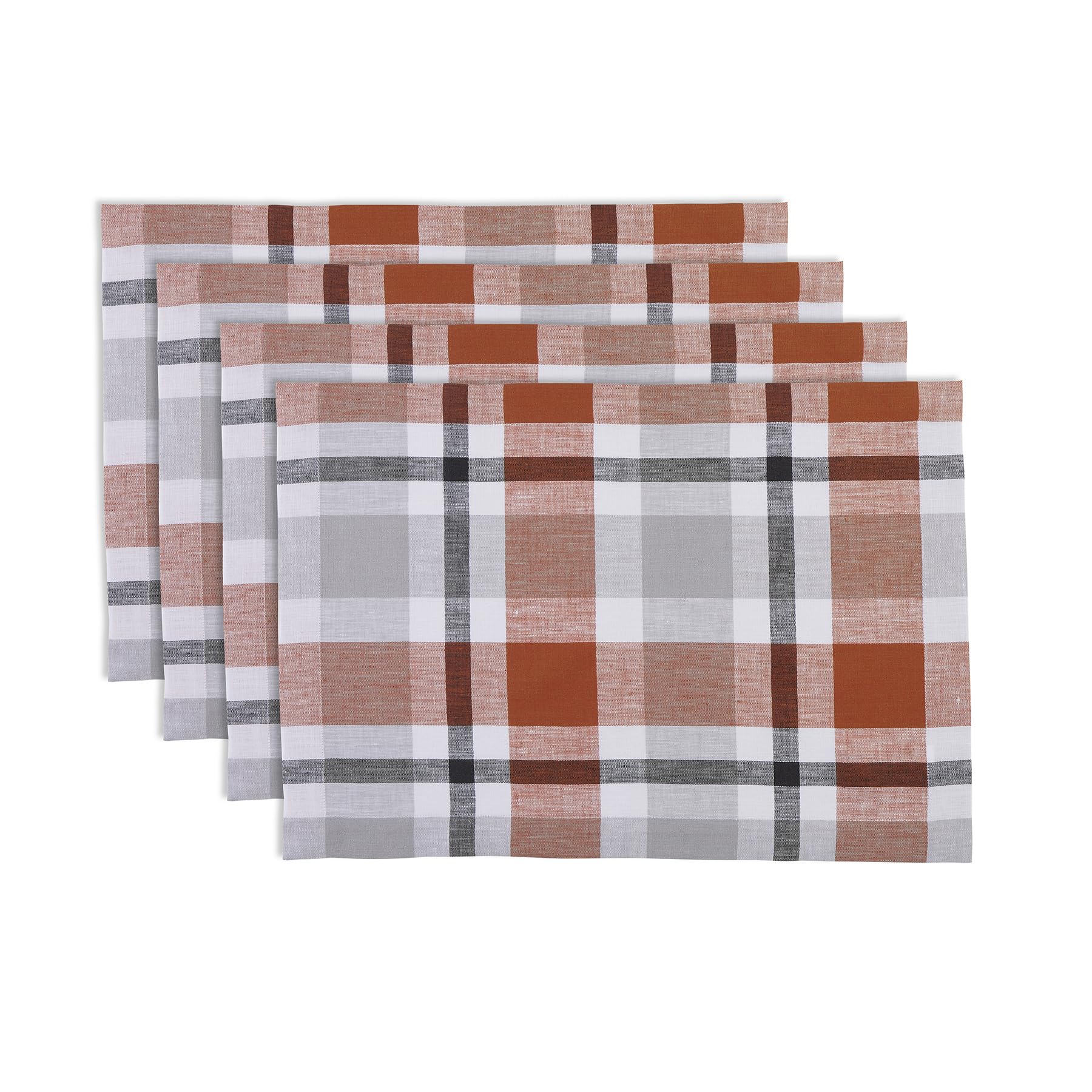 Solino Home Plaid Linen Placemats Set Of 4-100% Pure Linen Cinnamon Fall Buffalo Check Place Mats 14 X 19 Inch - Handcrafted And