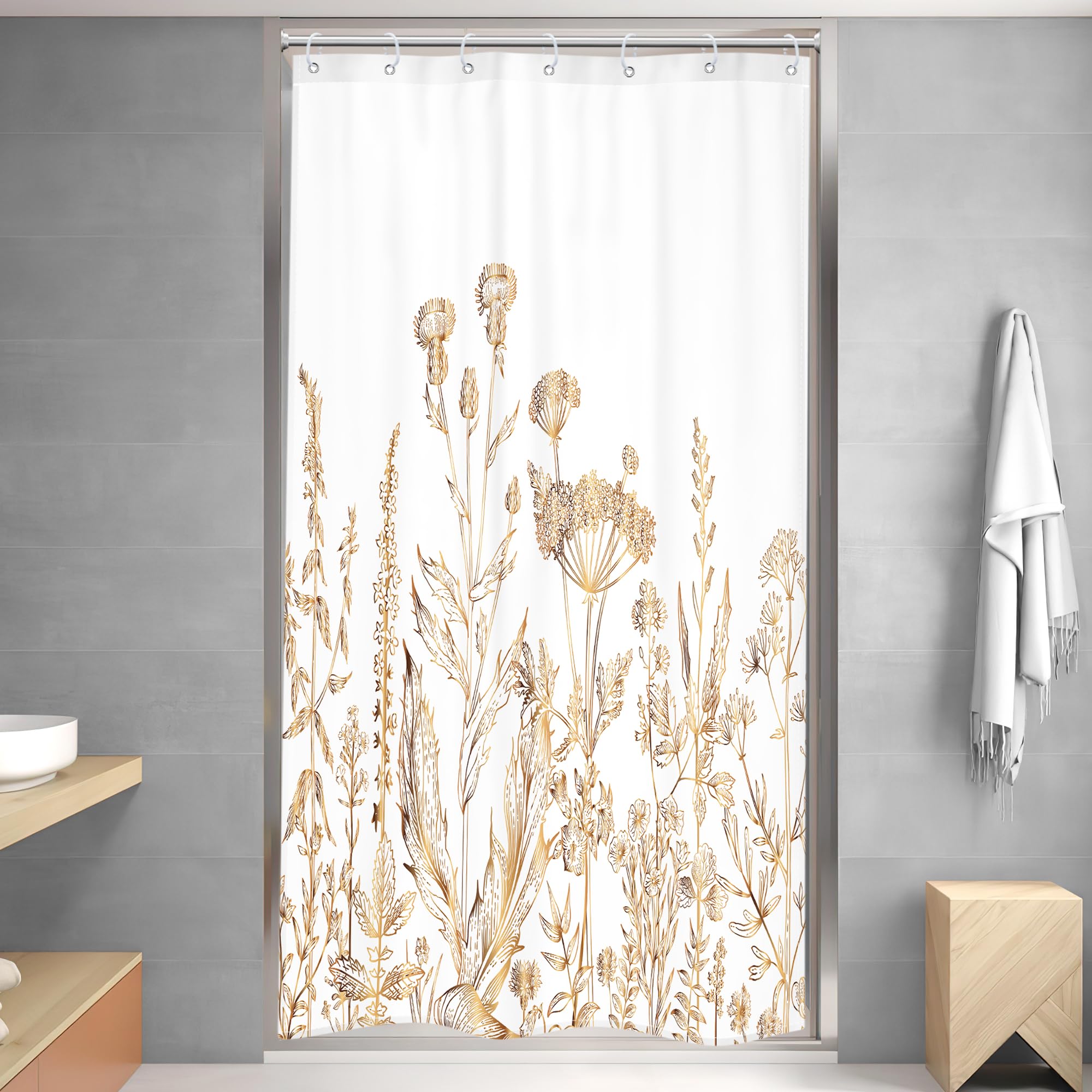 Riyidecor Small Stall Rv White Gold Floral Shower Curtain For Bathroom Decor 36Wx72H Wildflower Rustic Botanical Herbs Plant Lea