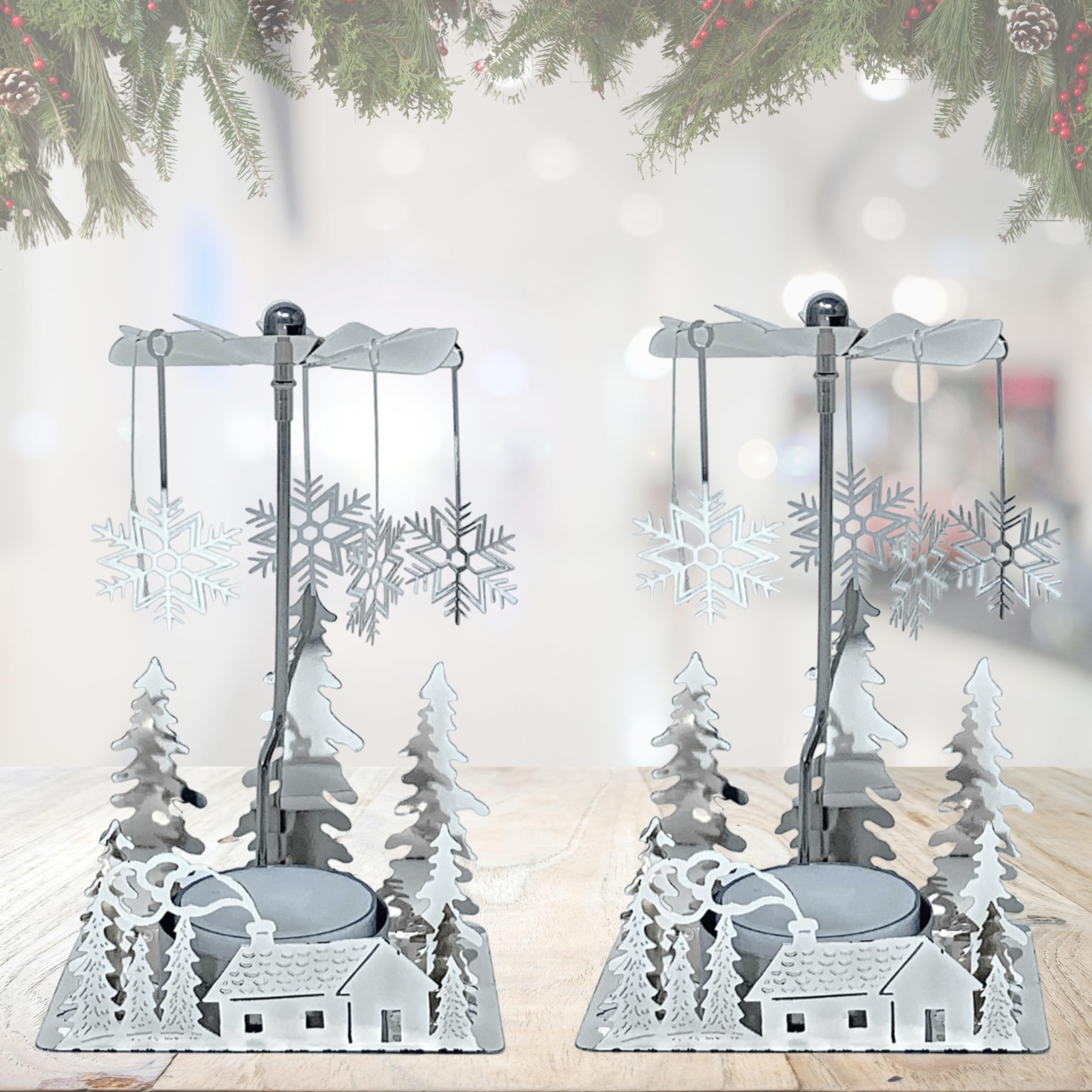 Winter Cabin Holiday Silver Candle Spinners - Silver Plated Laser Cut Winter Scene Cabin Trees Design with Snowflake Charms - Te