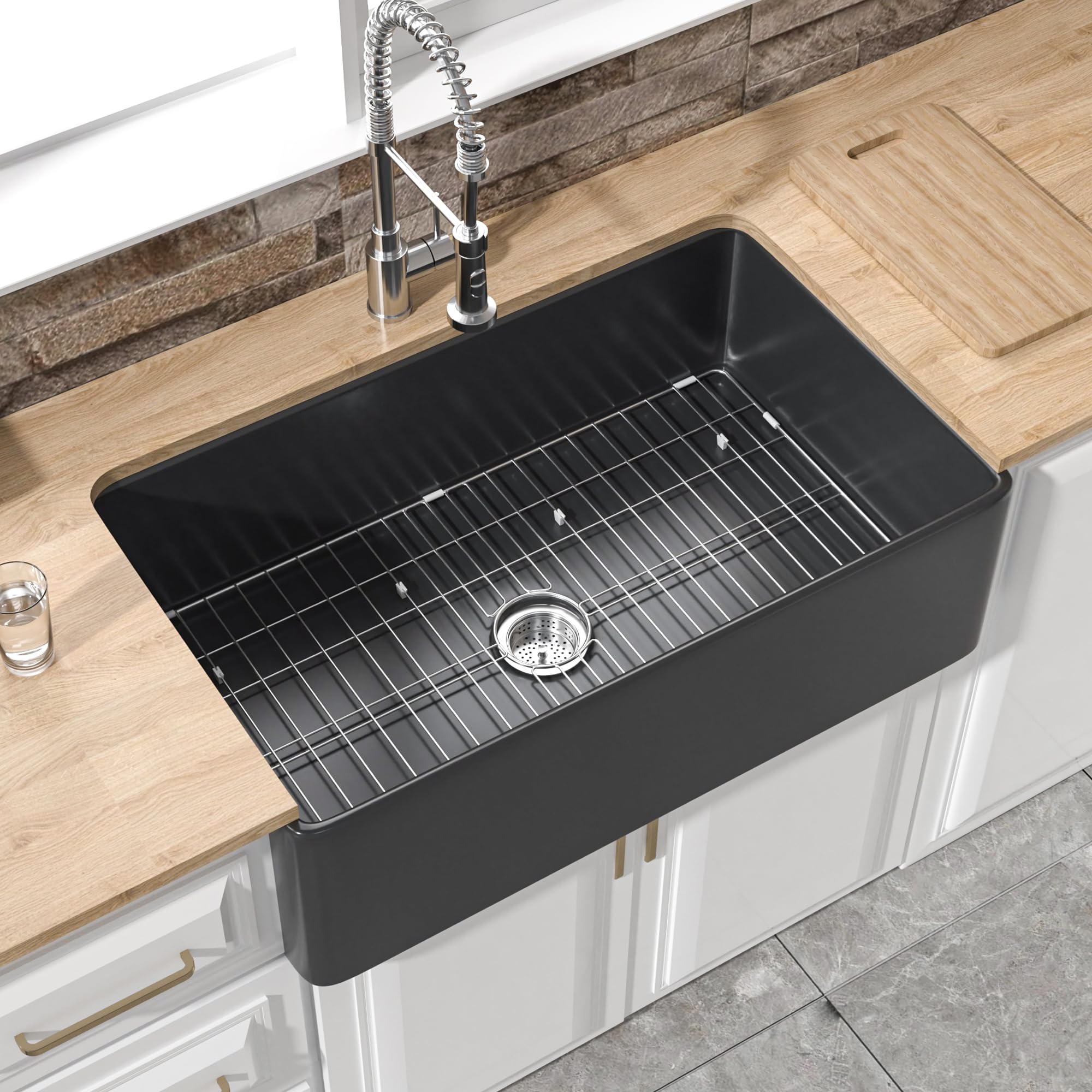 Homlylink Black Farmhouse Sink 33 X 20 Inch,Wide & Large Farm Sink Black,10'' High Fireclay Apron Sink, Single Bowl Farmer Barn