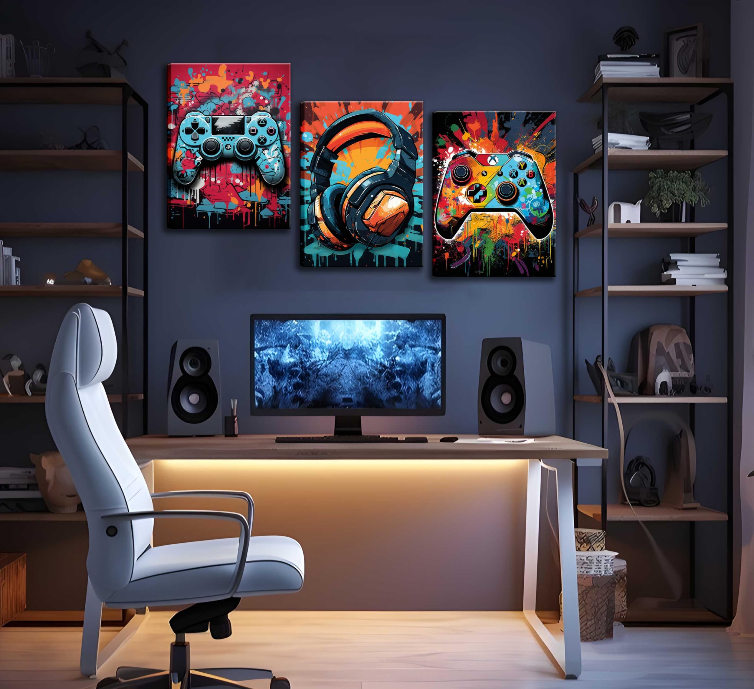 3Pcs Game Wall Art Color Video Game Handle Earphone Graffiti Theme Poster Room Decor Ative Neon Light Poster Prints Picture Chil