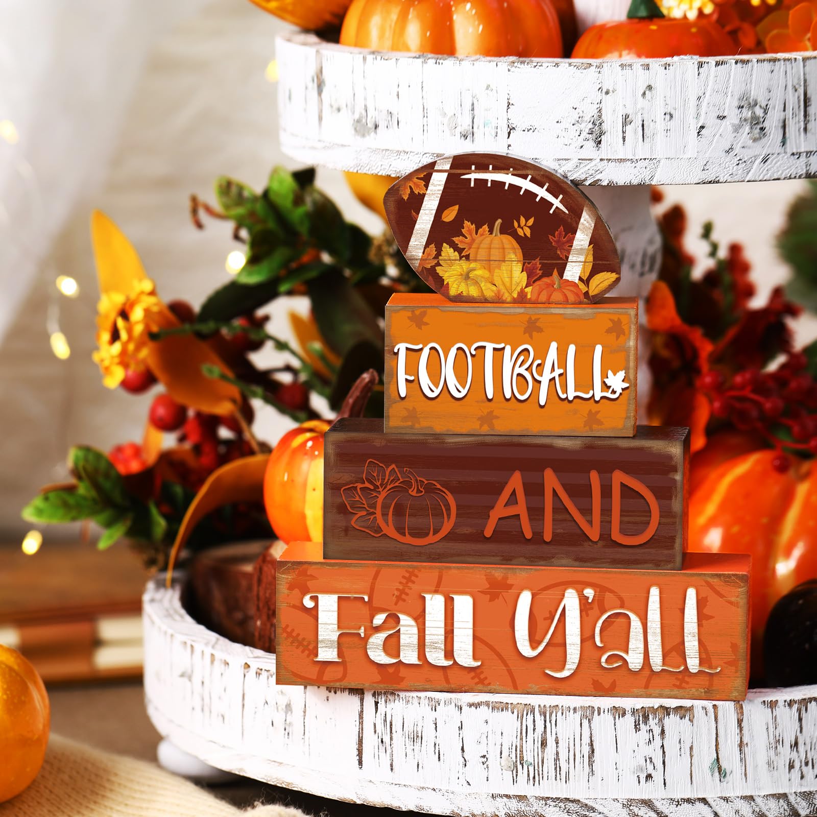 4 Pcs Fall Thanksgiving Decor for Home Football Wooden Signs with Sayings Fall Thanksgiving Tiered Tray Decor Pumpkin Football T