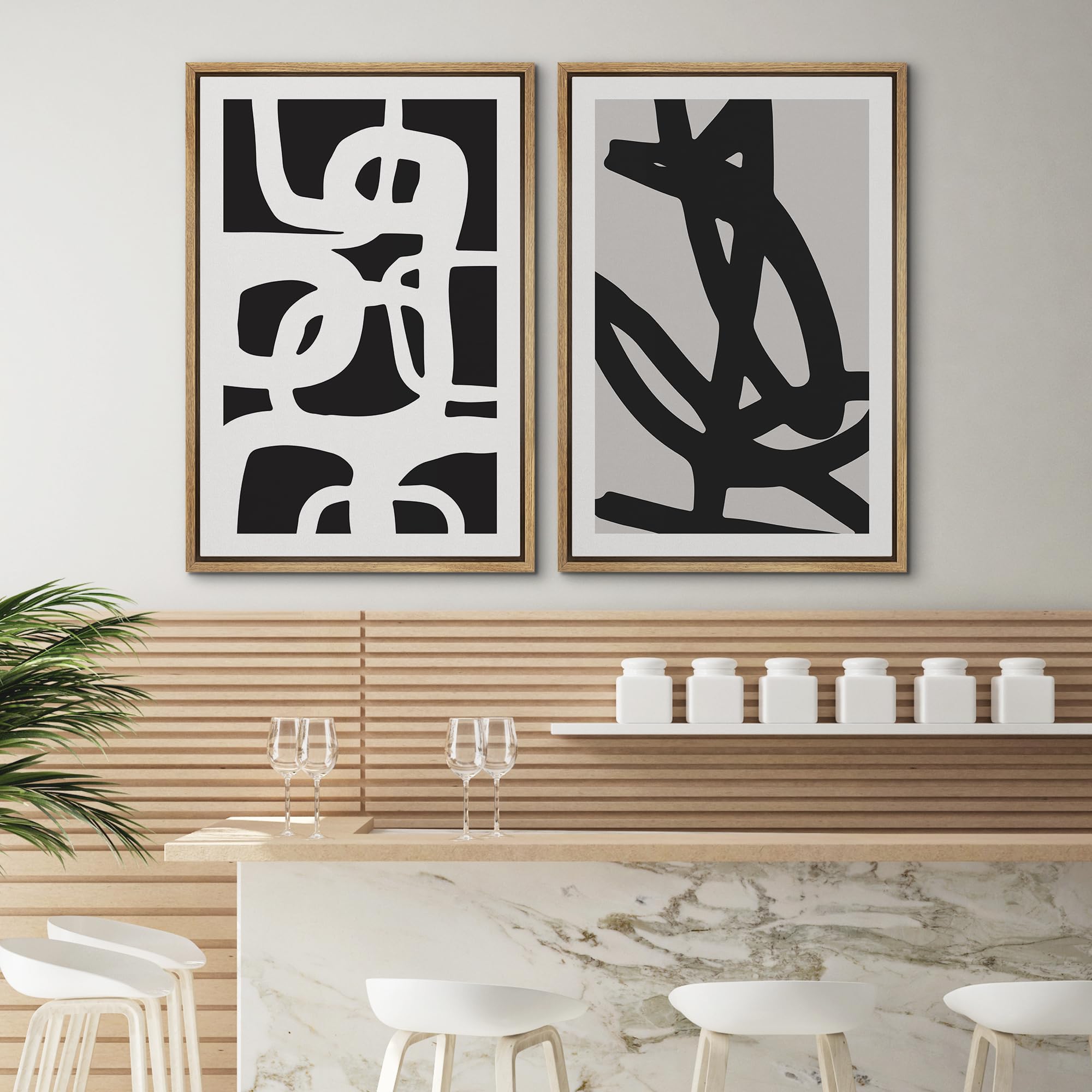 Signwin Framed Canvas Print Wall Art Set Black White Geometric Dark Ring Collage Abstract Shapes Illustrations Modern Art Minima