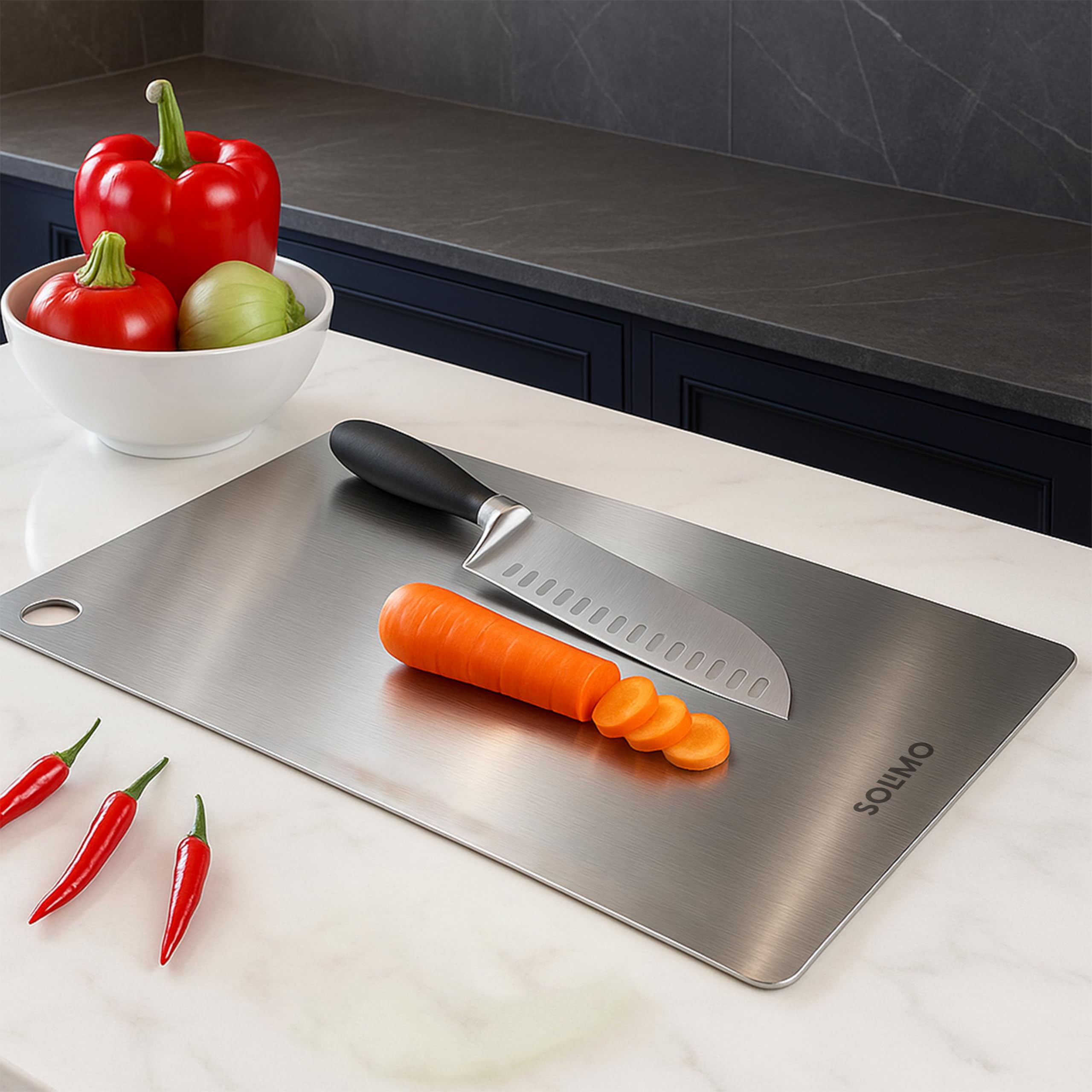 Amazon Brand- Solimo Double-Sided Stainless Steel Cutting Board | Hygienic Non-Porous Surface, Ruler Markings | Non-Slip, Lightw