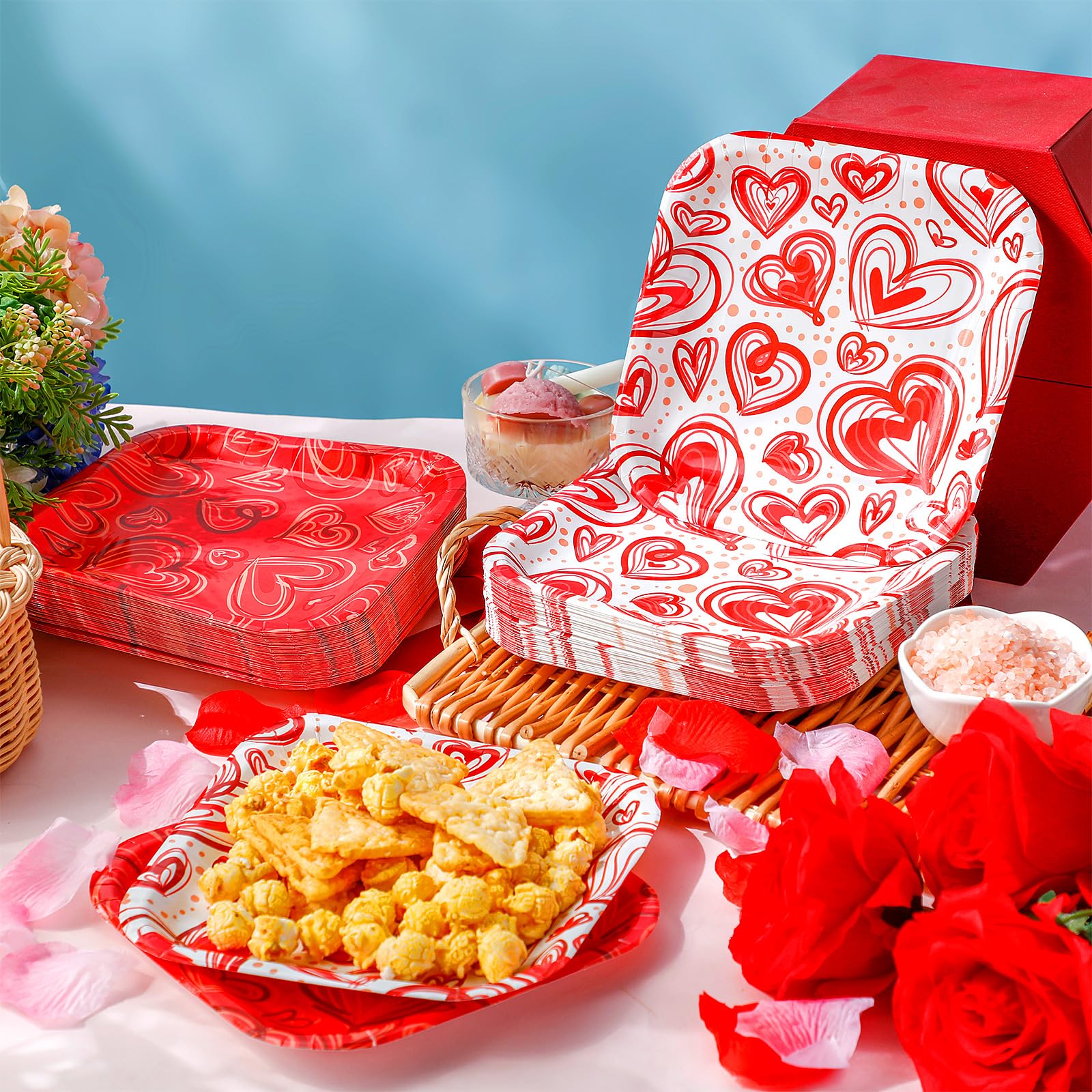 Ziliny 100 Pcs 7 Inch Valentine'S Day Dessert Plates Square Red Disposable Plates Heart Paper Plates Valentines Party Plates Dec