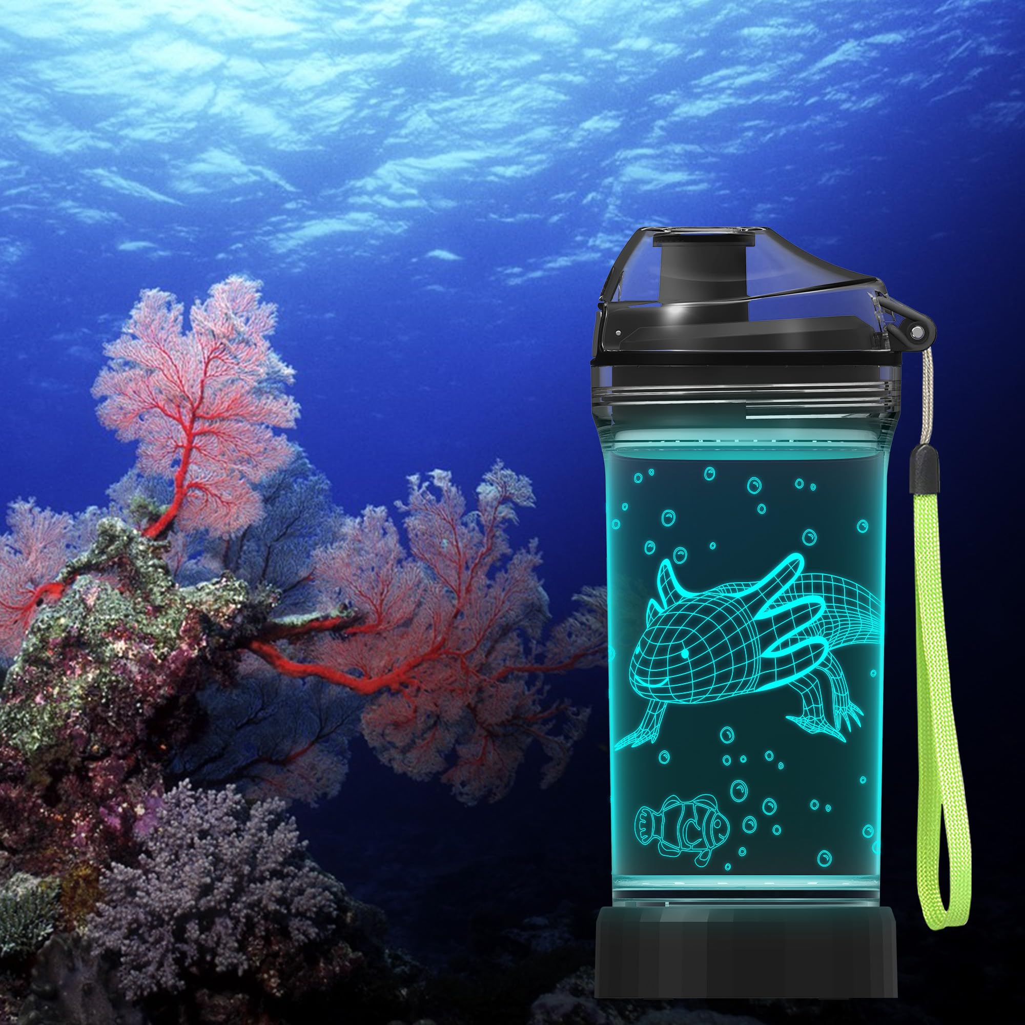 CoolGift Mart Axolotl Water Bottle, Light Up 3D Salamander Design, 14oz Tritan BPA Free - Best Gift for 4 5 6 7-Year-Old Boys Gi
