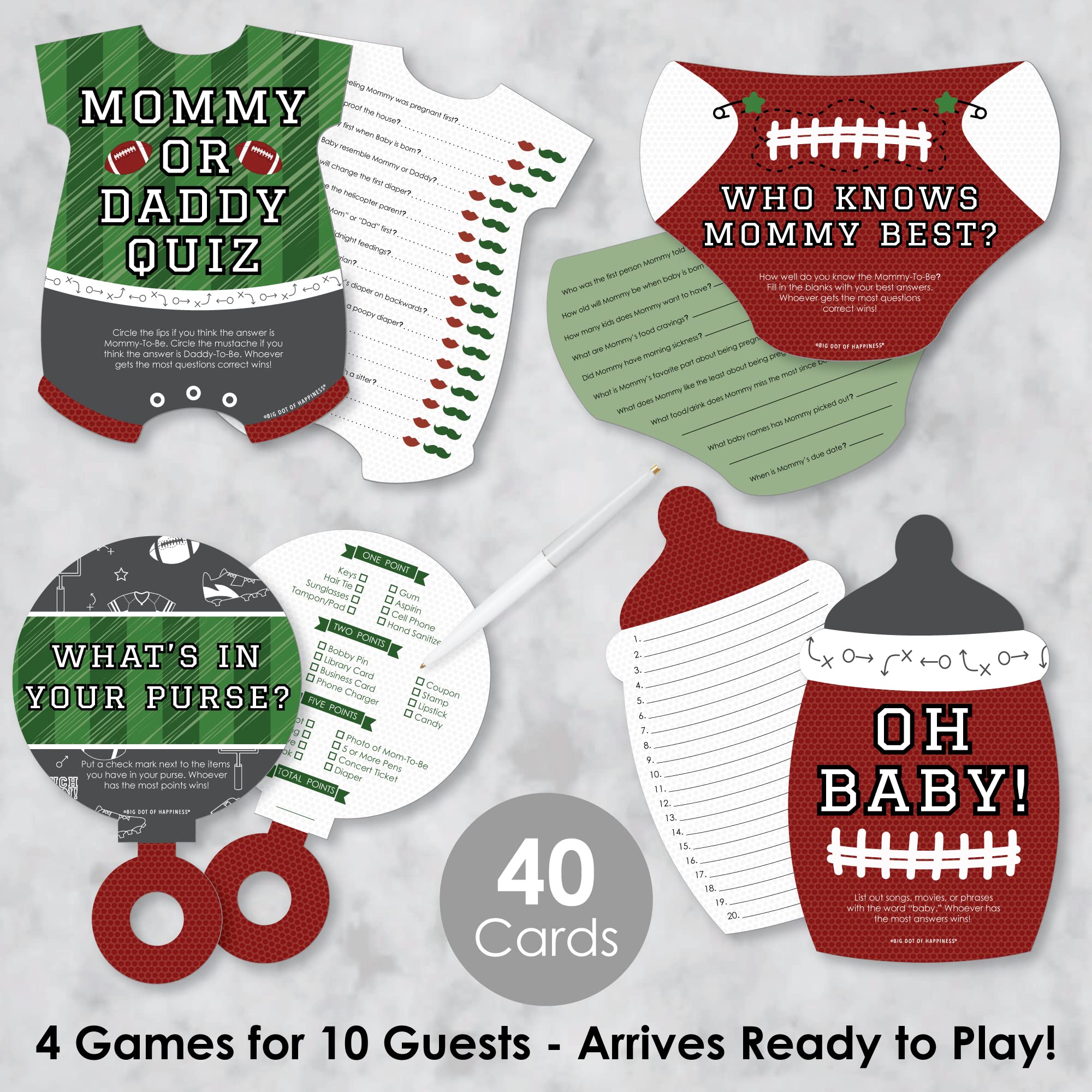 Big Dot Of Happiness End Zone - Football - 4 Baby Shower Games - 10 Cards Each - Gamerific Bundle