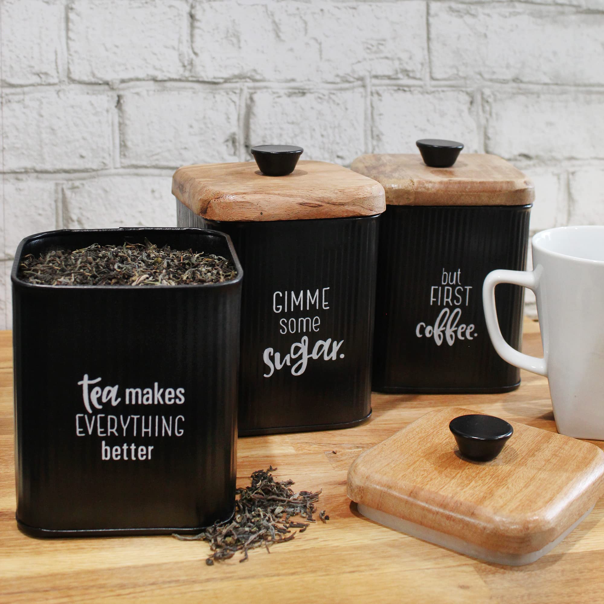 Auldhome Farmhouse Black Enamelware Canisters (Set Of 3); Storage Containers For Coffee, Tea And Sugar In Black Enamel And Wood
