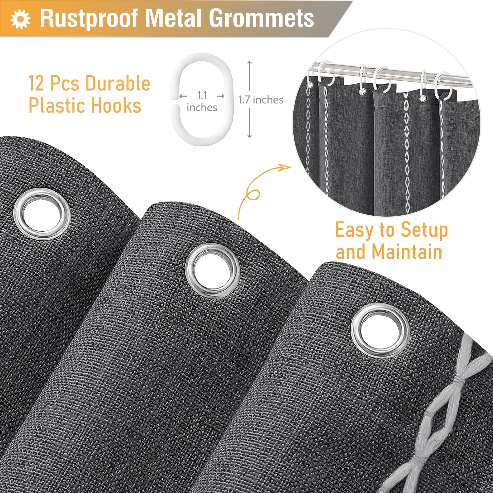 Bttn Boho Farmhouse Shower Curtain - Linen Rustic Striped Fabric Shower Curtain Set With Tassel, Water Repellent, Bohemian Vinta