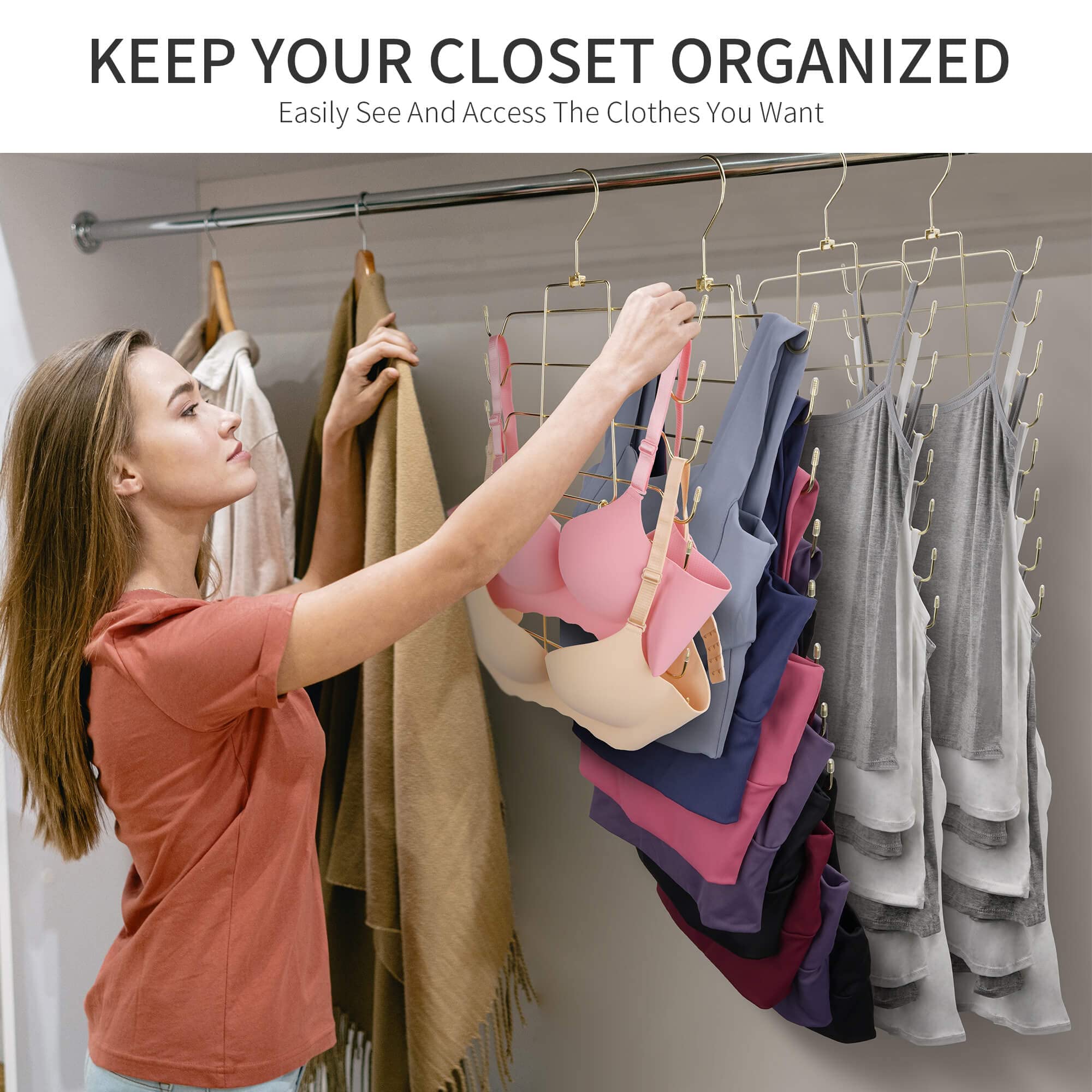 PODATOL Bra Organizer  2 Pack Tank Top Hanger for Closet Swivel Hook Foldable Design  Space Saving Hanger Hanging Metal Bra Holder Storage  Gold