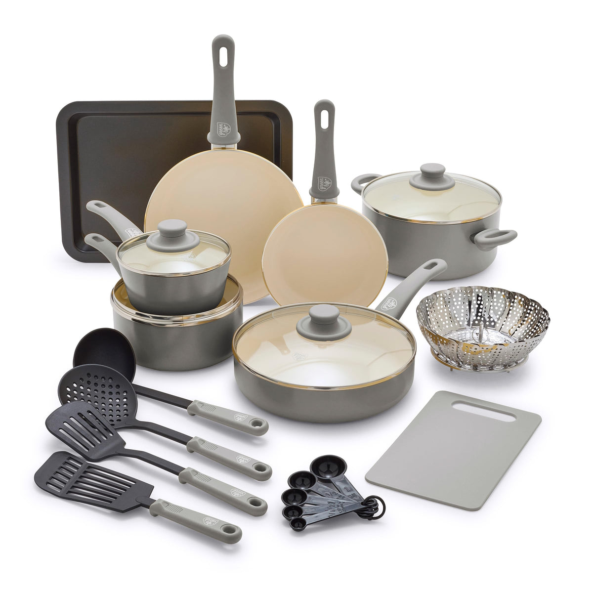 GreenLife Soft Grip Healthy Ceramic Nonstick 18 Piece Kitchen Cookware Pots and Frying Sauce Saute Pans Set, PFAS-Free with Kitc