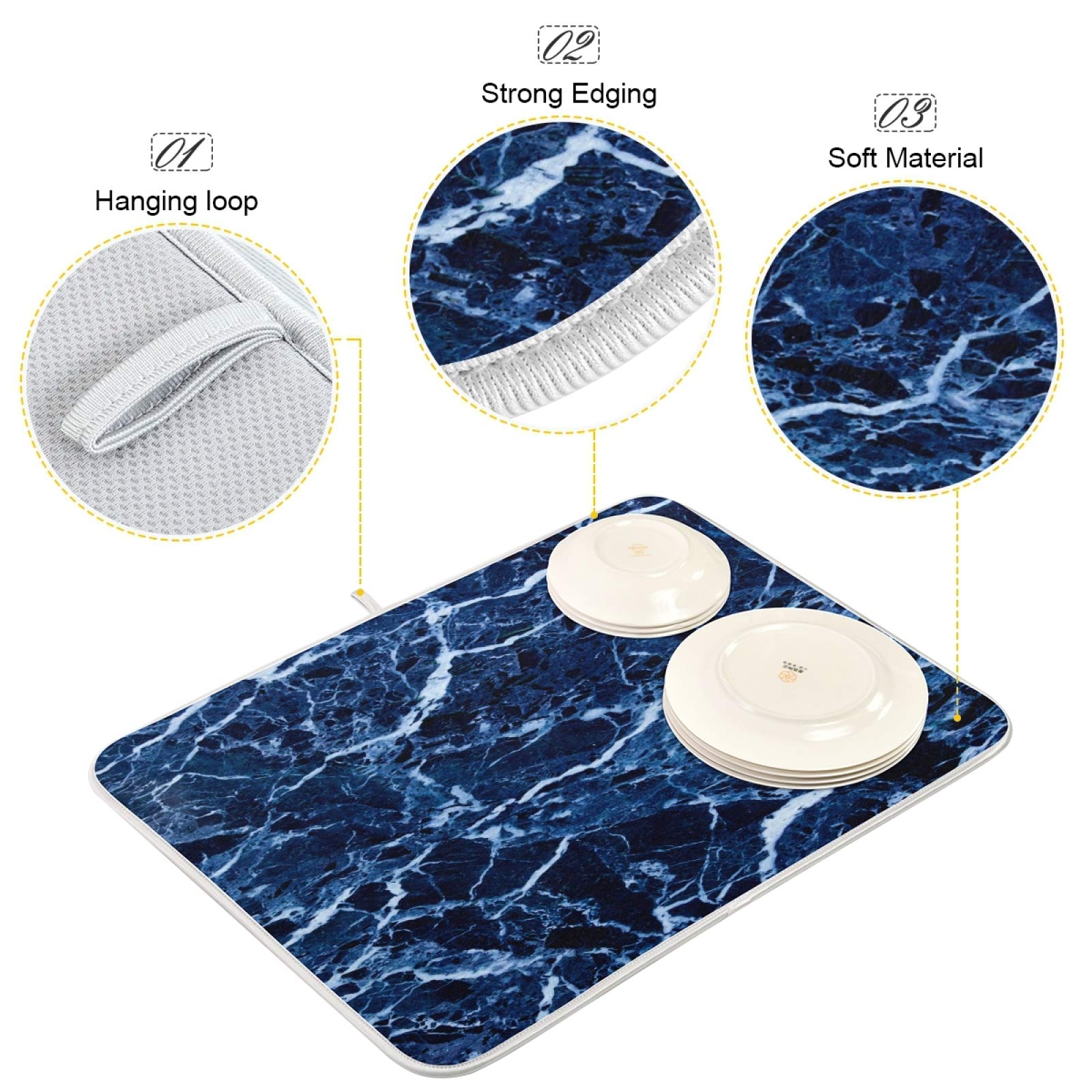 Super Absorbent Dish Drying Mat, Microfiber Fast-Drying Dish Mat, 24 '' X 18, Kitchen Dish Drying Pad, Navy Blue Marble
