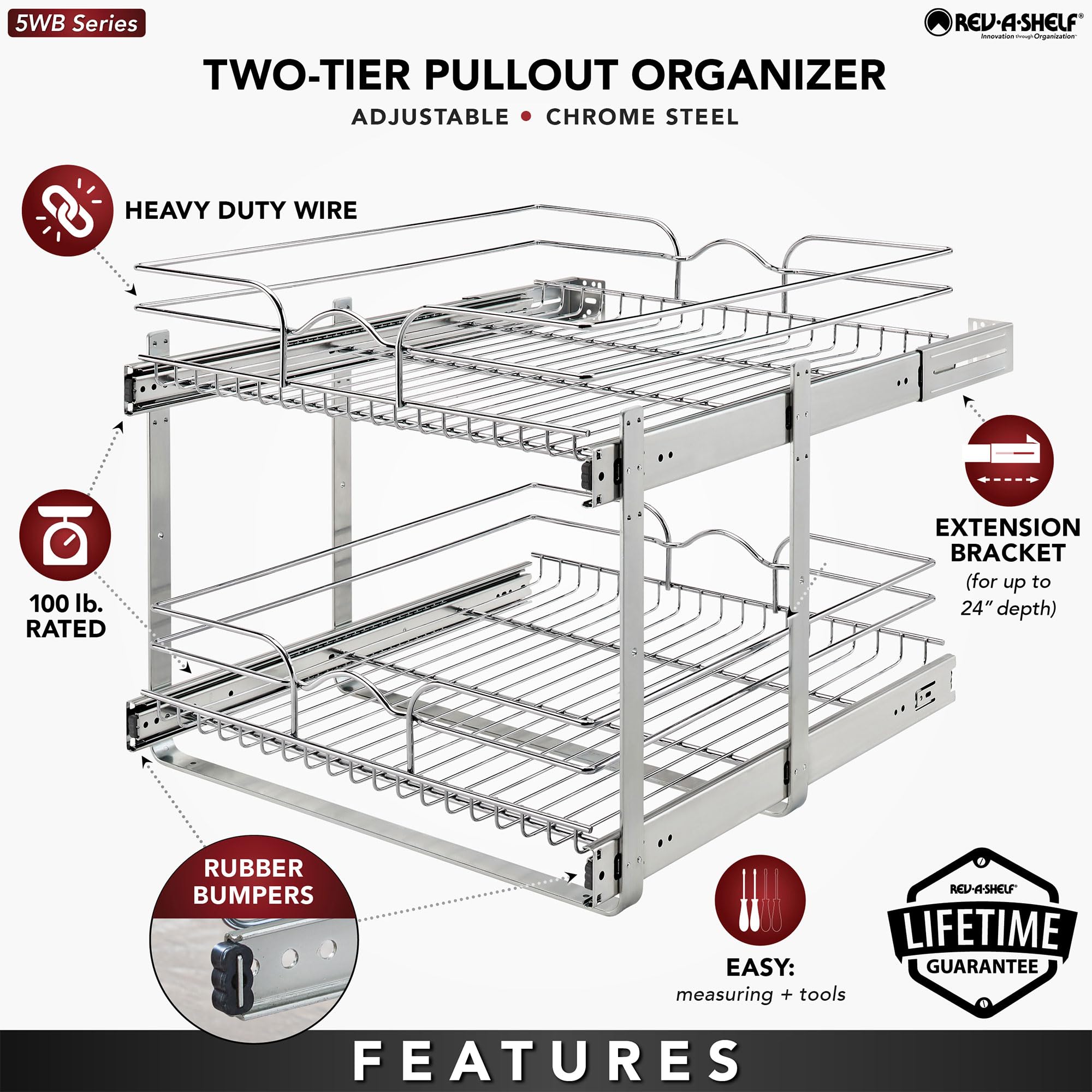 Rev-A-Shelf 2 Tier Kitchen Cabinet Pullout Shelf And Drawer Organizer Slide Out Pantry Storage Basket In Multiple Sizes, 21 X 22