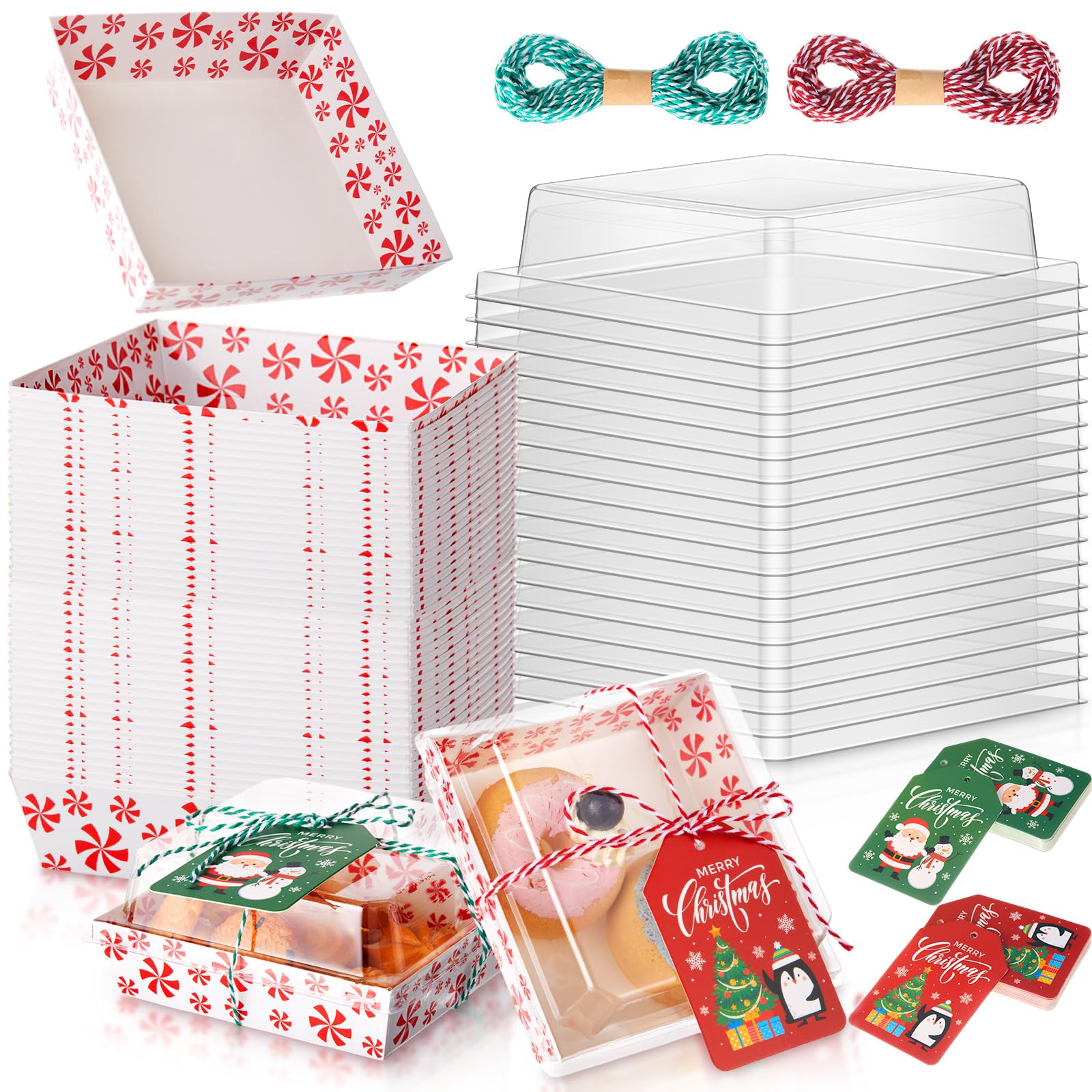 Yaomiao 50 Pcs Christmas Charcuterie Boxes with Ropes Cards, Christmas Food Box with Clear Lids, Disposable Paper Bakery Square 