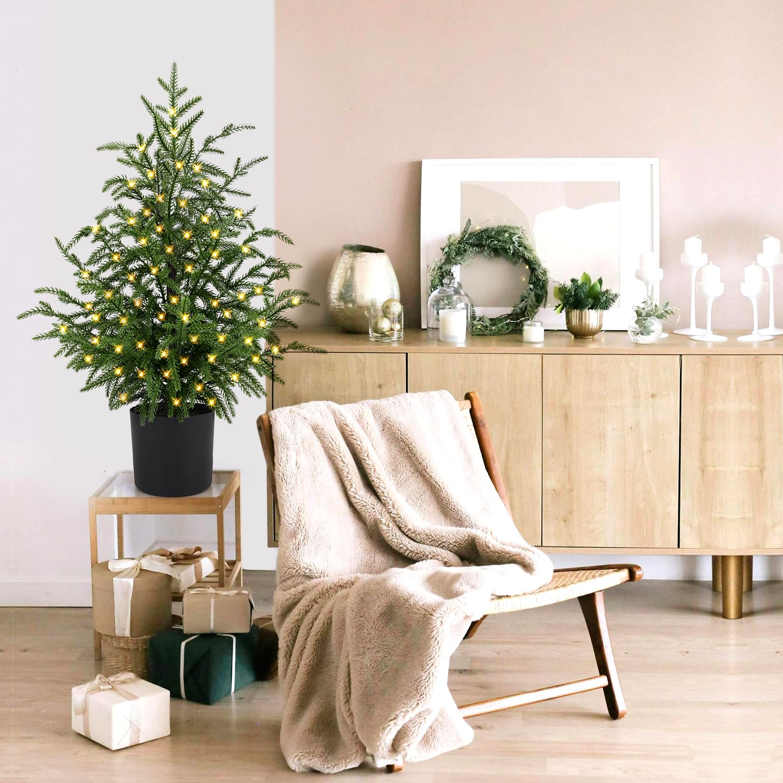 ENVEN 2FT Artificial Norfolk Pine Christmas Tree - Tabletop Faux Tree Unlit/Prelit with 50 LED Lights & 8-Function Battery Box,