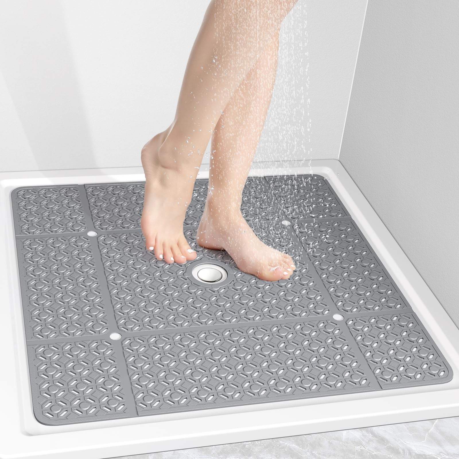 Othway Square Shower Mat, 27''X 27'' Extra Large Shower Mats For Inside Shower, Tpe Anti Slip Shower Mat With Suction Cups Drain