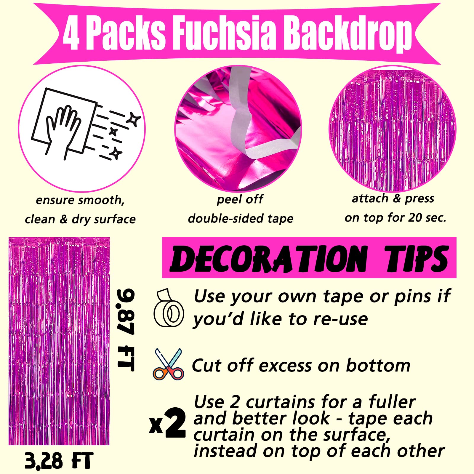 4 Pack Fuchsia Fringe Curtain Backdrop  3.2Ft x 9.8Ft Metallic Tinsel Foil Fringe Streamers Curtains Background for Photo Booth Birthday Wedding Baby Shower Party Thanksgiving Christmas Decorations