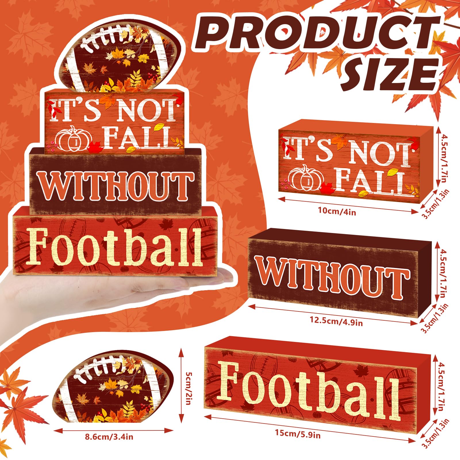 Britimes 4 Pcs Fall Football Decor Wooden Tiered Tray Decorations Set Game Day Stack Block Signs Pumpkin Leaf Farmhouse Rustic F