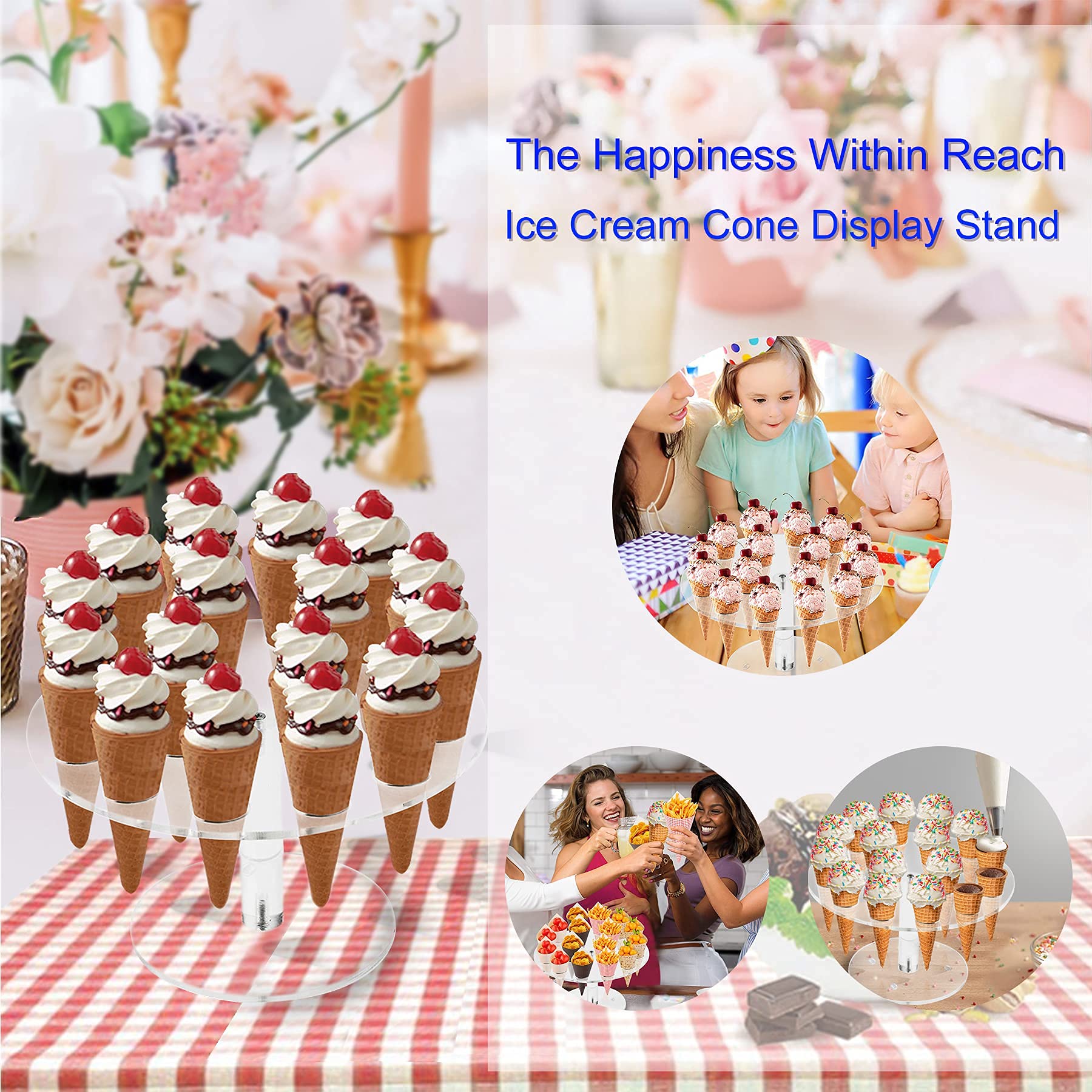Ketawa Ice Cream Cone Holder, Clear 16 Holes Food Stand,Acrylic Waffle Cone Display Stand,Hand Roll Sushi Popcorn Stand Rack For