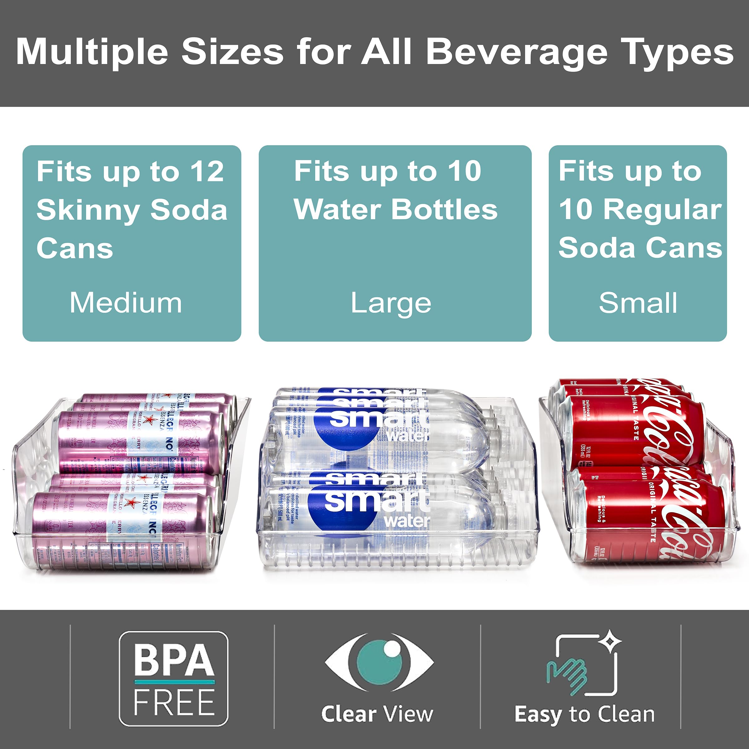 Sorbus Soda Can Organizer For Refrigerator, 3 Variety Sizes: Standard Soda Cans Holder, Skinny Can Dispenser & Water Bottle Orga