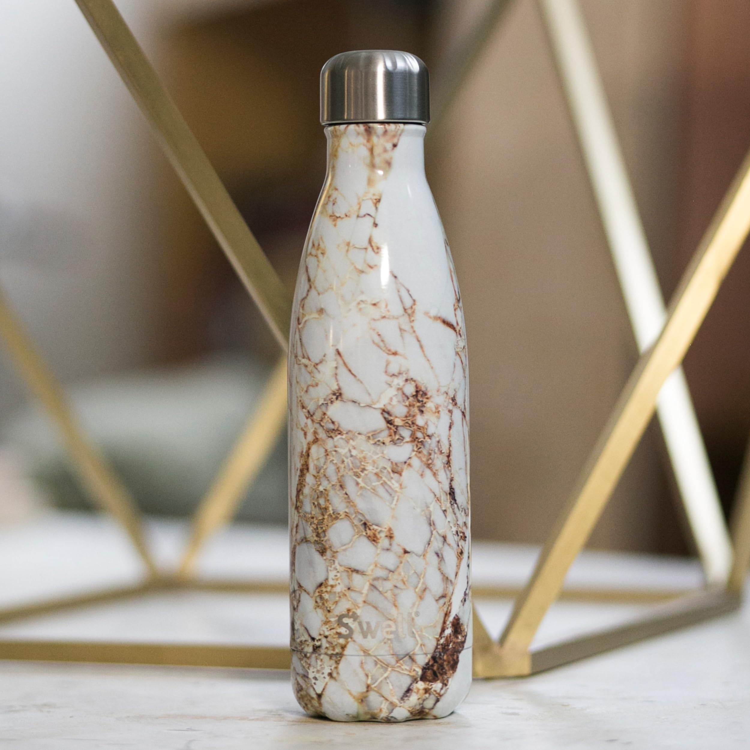 S'Well Stainless Steel Water Bottle, 17Oz, Calacatta Gold, Triple Layered Vacuum Insulated Containers Keeps Drinks Cold For 36 H