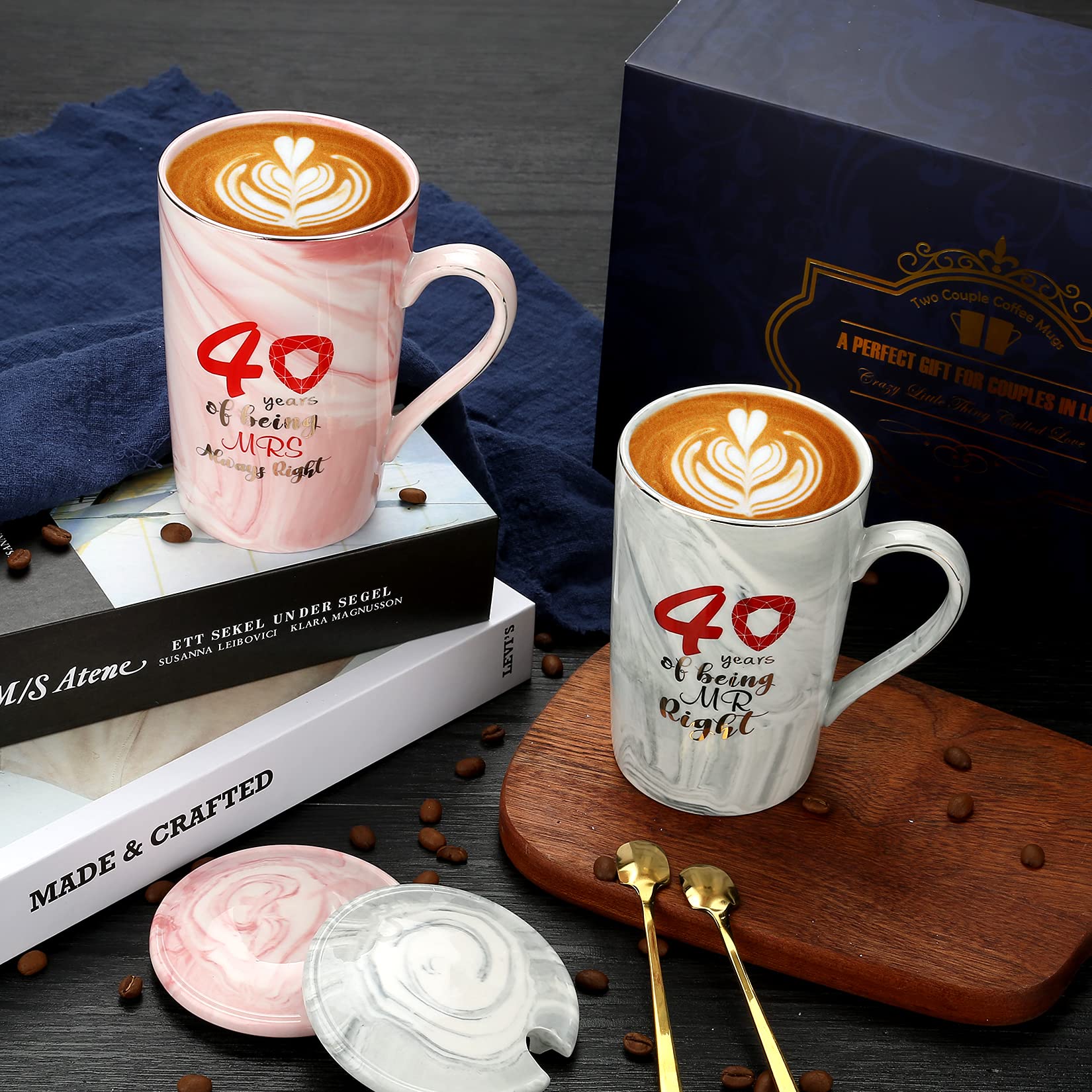 Sovyime 40 Years of Being Mr Right and Mrs Always Right Wedding Marriage Anniversary Cup for Couple Ceramic Marble Coffee Mugs -