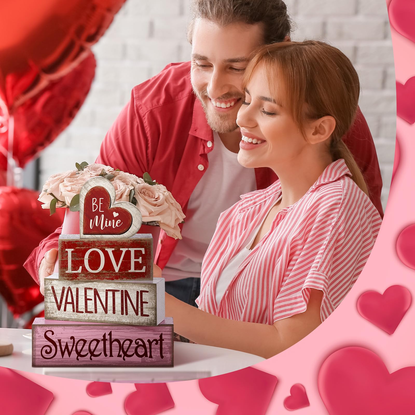 Lineshading 4 Pcs Valentine Table Decor Wooden Red Love Decoration, Valentine s Day Be Mine Centerpiece, Valentine Tiered Tray