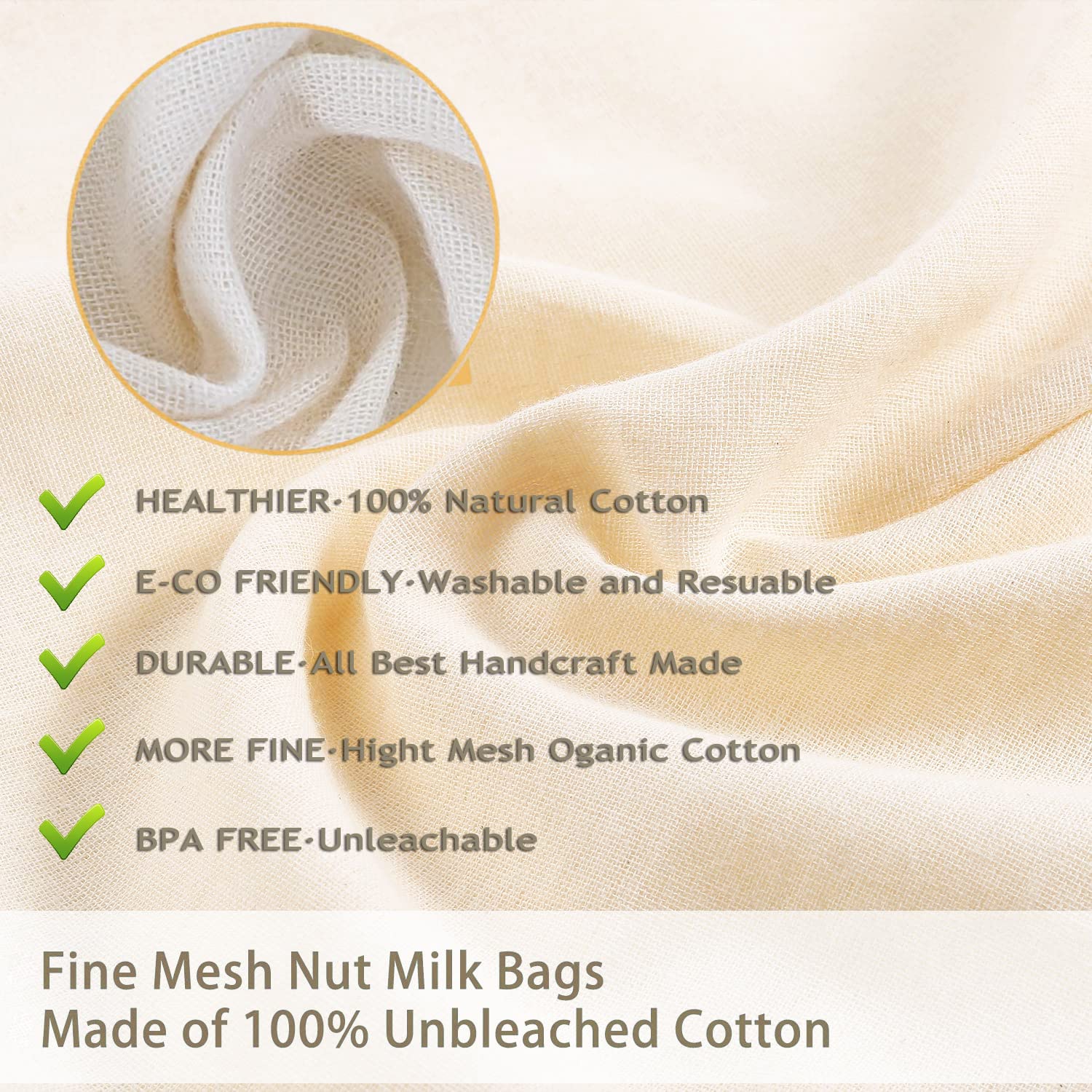 Nut Milk Bag Cloth Strainer For Food, 3 Pack 12'' (2 Of 12''X12'' + 1 Of 10'') Organic Reusable Kitchen Premium Fine Mesh Cheese