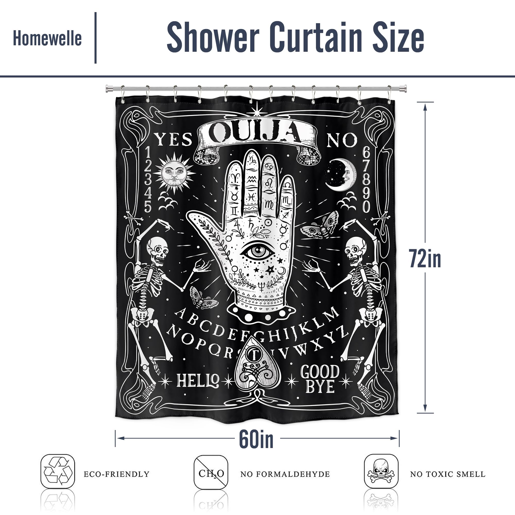Homewelle Gothic Hands Shower Curtain Black Skeleton Witchy Eye Moth Tarot Ouija Palmistry Psychic Sun Moon Spooky 60Wx72H Inch