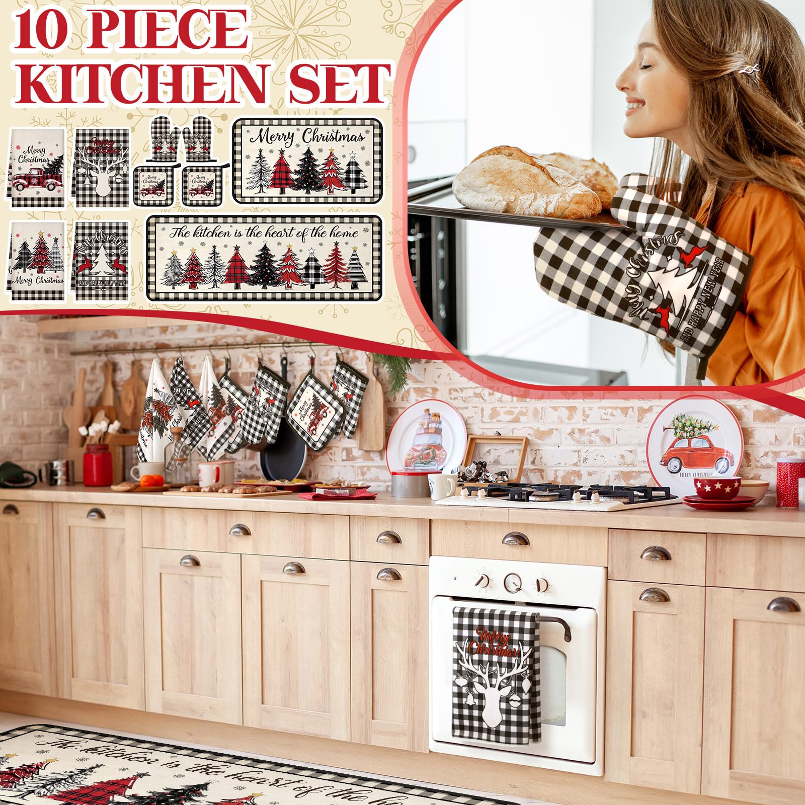 Fourluoo 10 Pcs Christmas Tree Farmhouse Kitchen Decor Set Dish Towels Kitchen Rugs Oven Mitts and Pot Holders Set for Cooking B