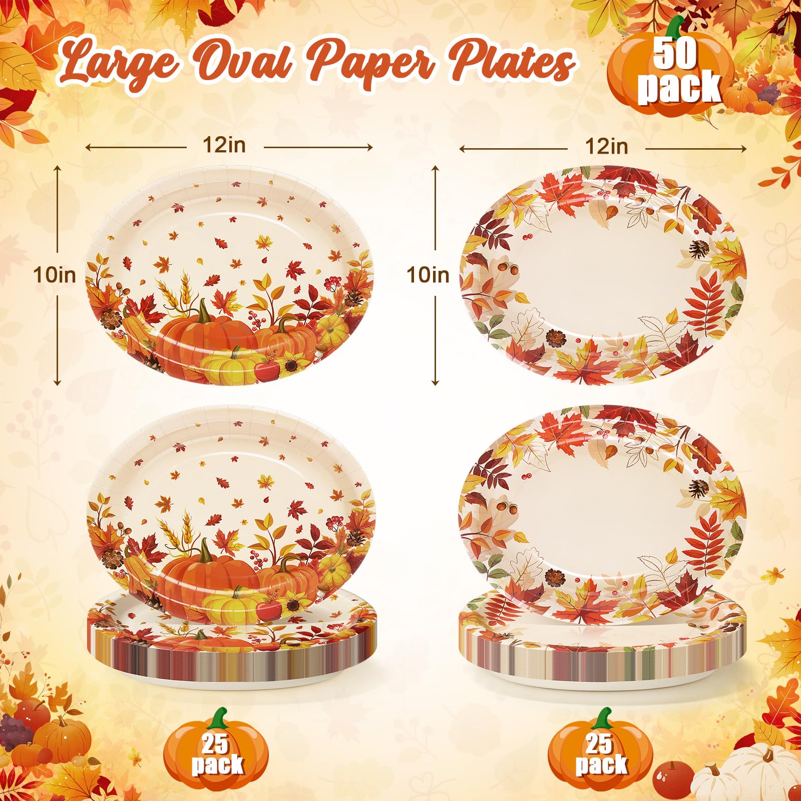 SUMMORO 50 Pcs Thanksgiving Oval Paper Plates 10x12 Large Disposable Fall Party Plates Heavy Duty Autumn Maple Pumpkin Disposabl