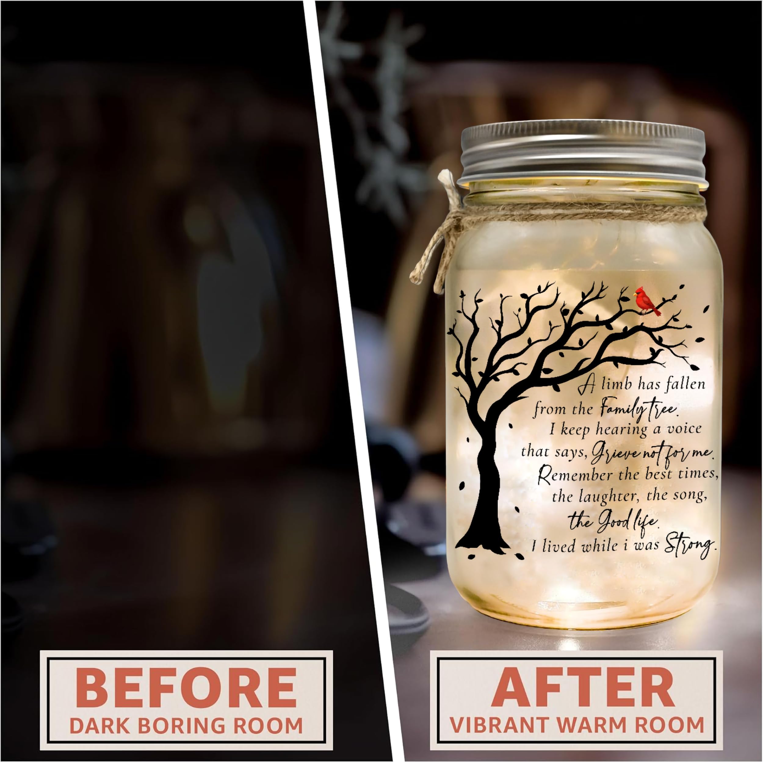 Memorial Gifts Mason Jar Light, Red Cardinal - Memory Gifts for Loss Loved Ones, Bereavement Gift Idea, Sympathy Loss of Mother,