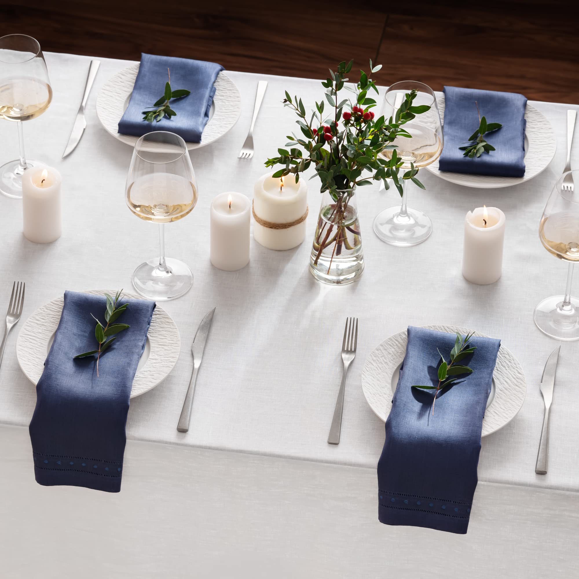 Linen Napkins Set Of 4-100% Pure Linen Navy Blue Dinner Napkins With Embroidered Dot 18 X 18 Inch - Hemstitch Cloth Napkins Wash