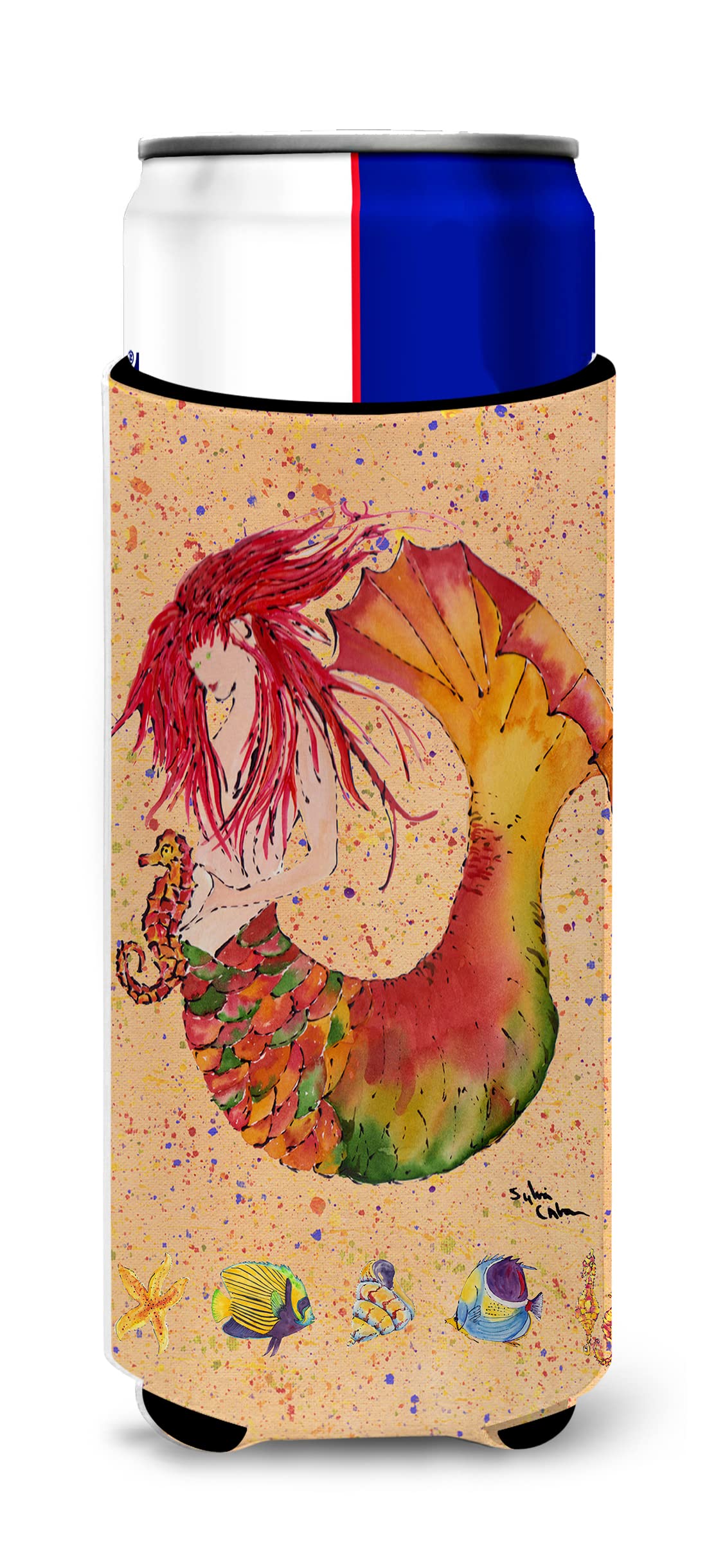 Red Headed Ginger Mermaid on Coral Ultra Beverage Insulators for slim cans 8339MUK