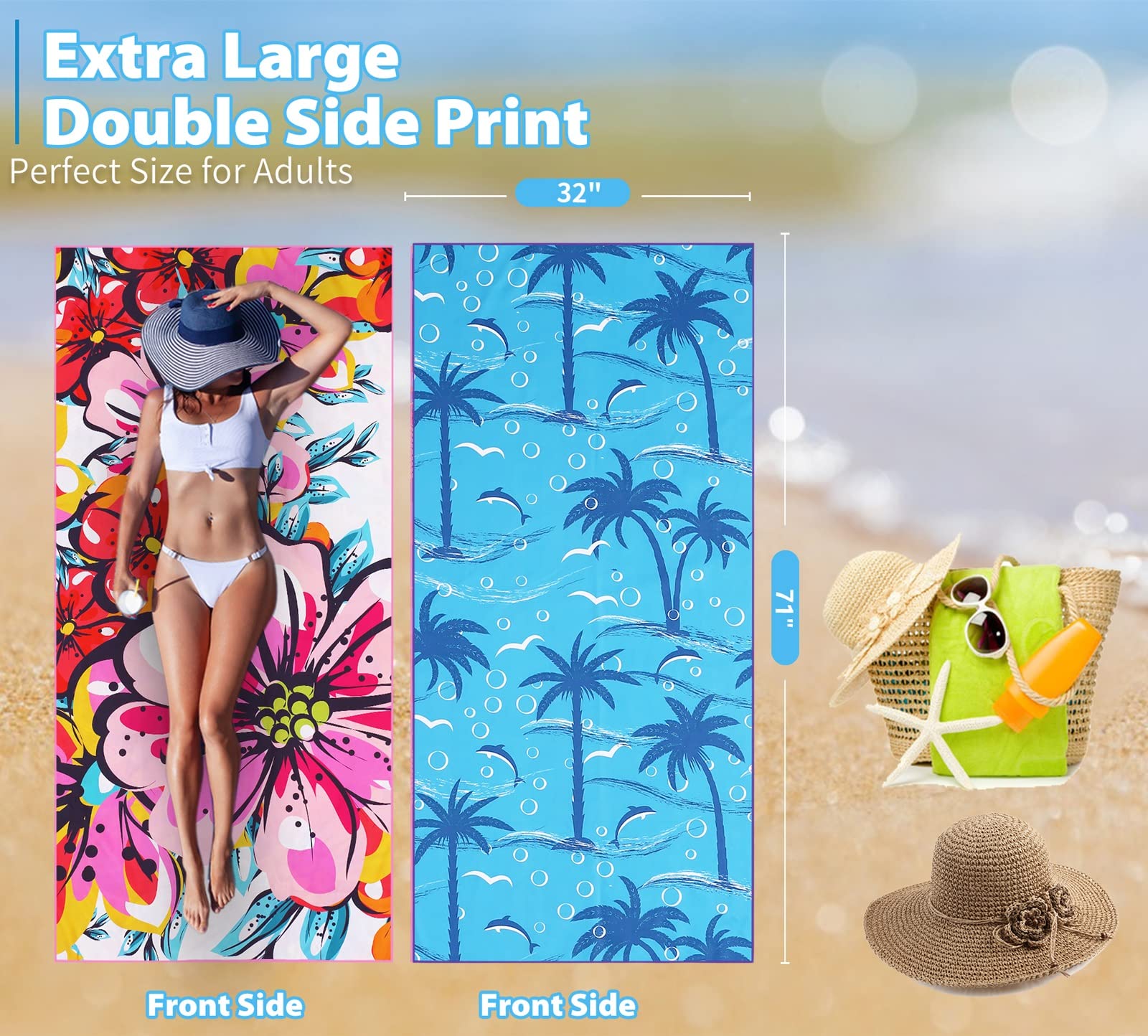 Microfiber Thin Beach Towel Lightweight 71X32 Oversized Extra Large Sand Free Towels Fast Dry For Travel Pool Camping Sports Bea