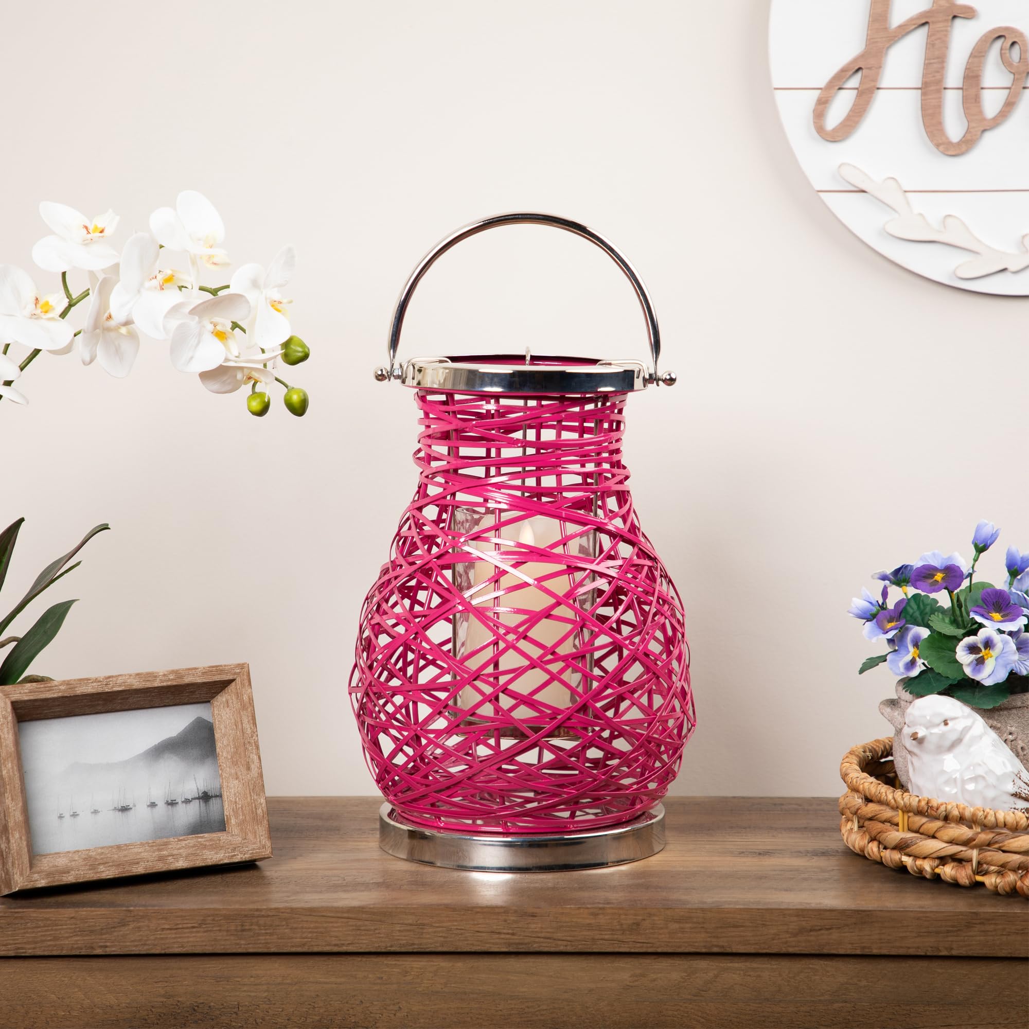 Northlight 13.5 Modern Fuchsia Pink Decorative Woven Iron Pillar Candle Lantern with Glass Hurricane