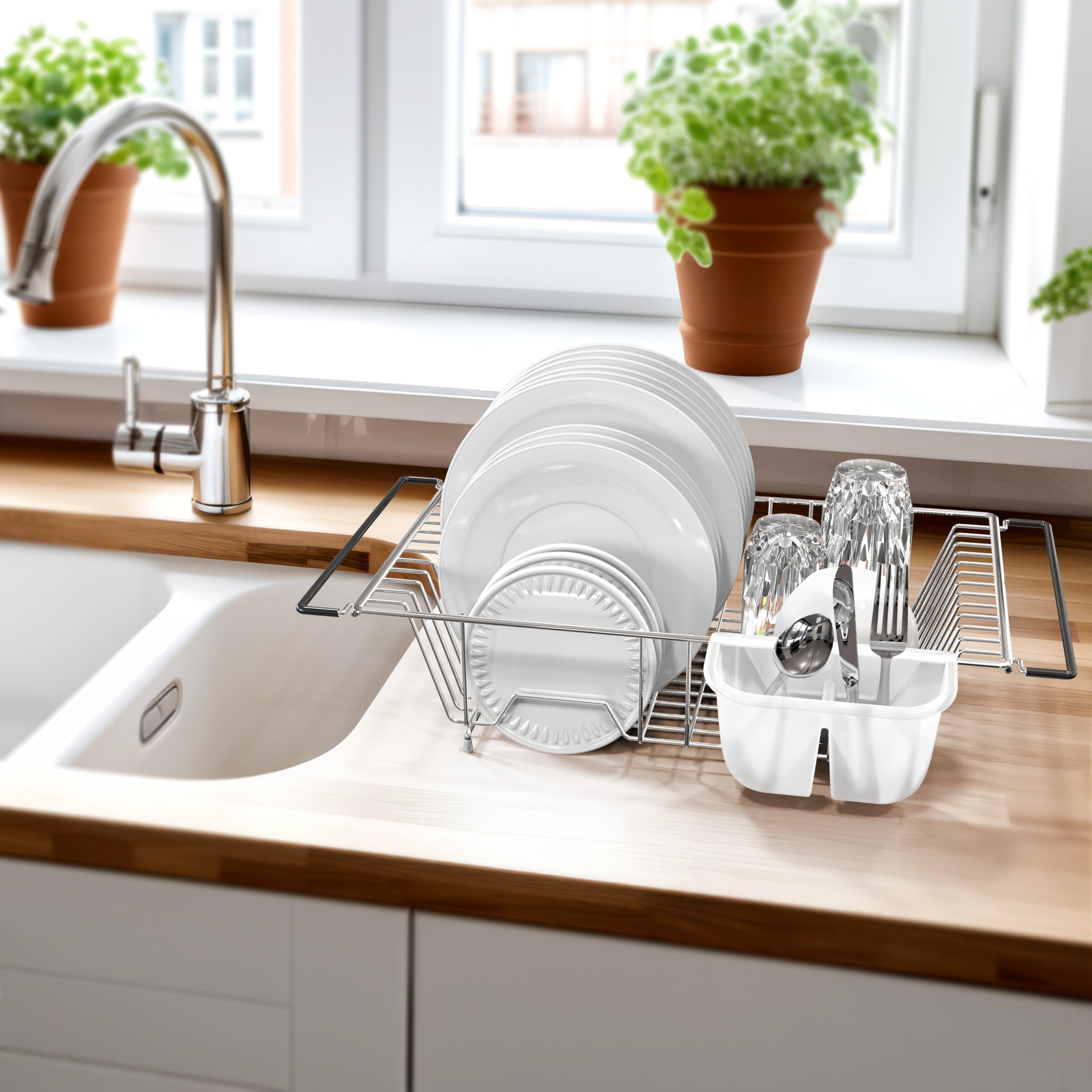 Simple Houseware Large Over Sink Counter Top Dish Drainer Drying Rack With Utensil Holder, Chrome