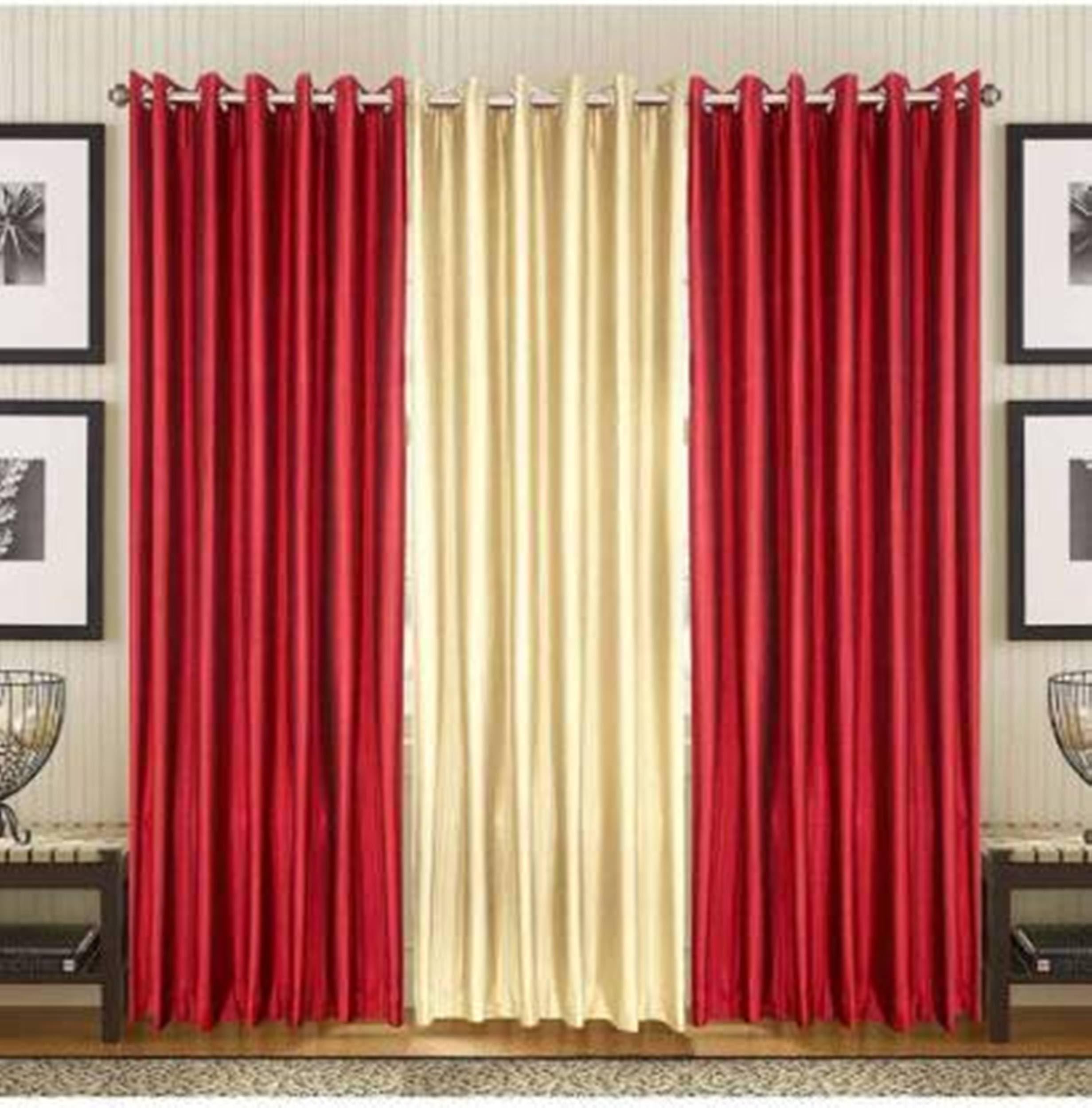 Galaxy Home Decor Solid Plain Curtains for Long Door 9 Feet, Pack of 3, Red & Cream