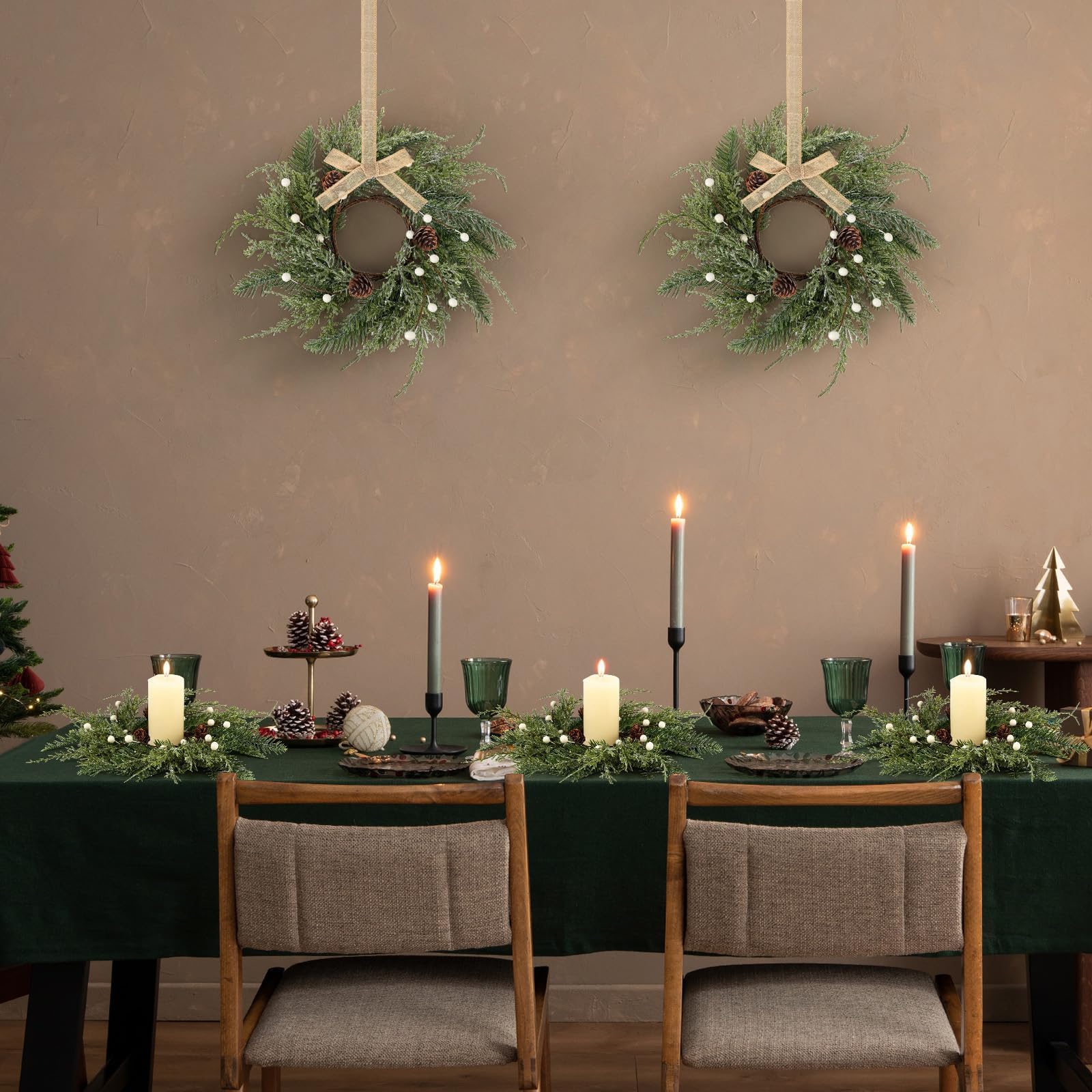 4 PCS Christmas Wreath Christmas Kitchen Cabinet Wreaths with Burlap Ribbon Mini Wreath Pine Garland Frosted Cedar Pine Cone Han