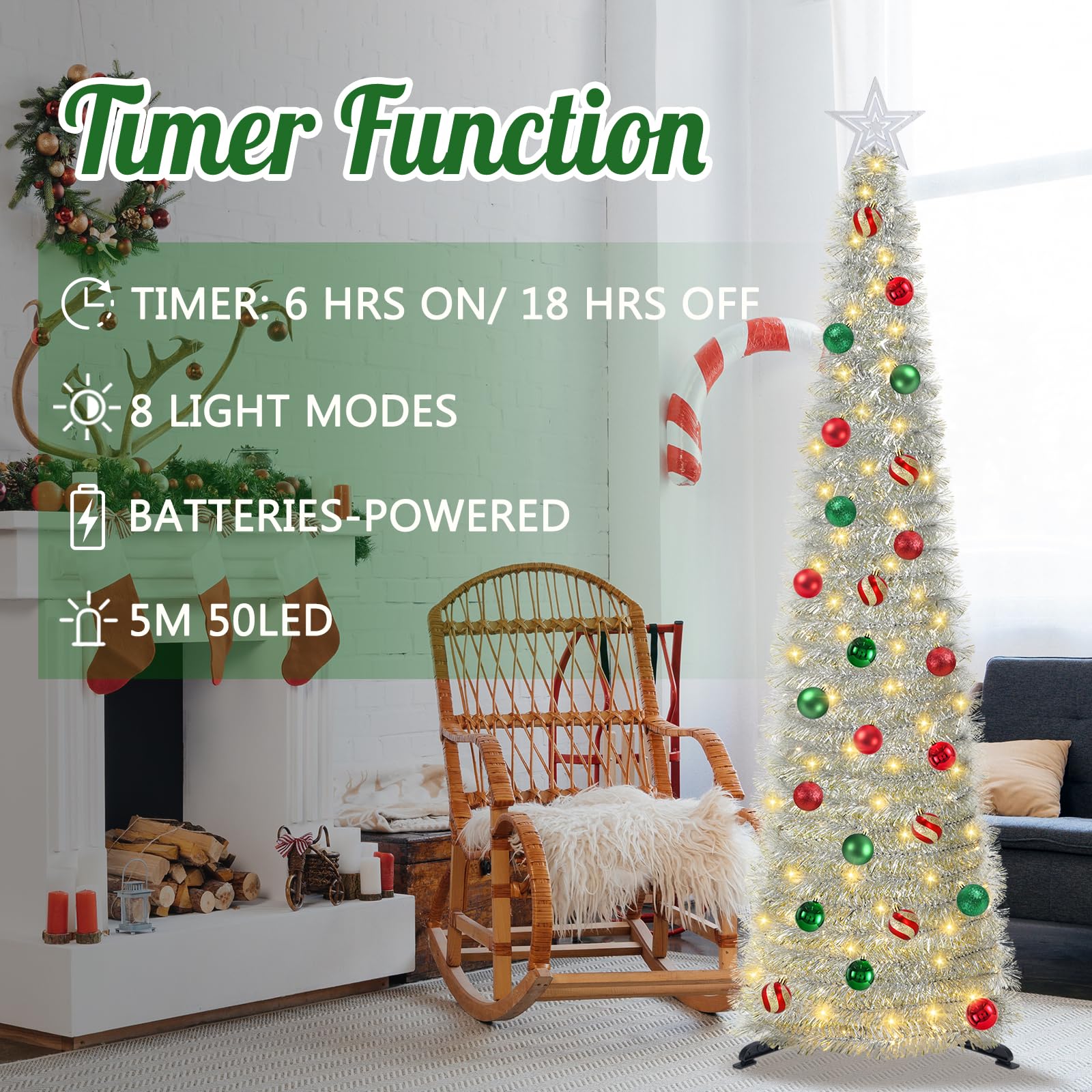 SINTENILL 5 FT Pop Up Christmas Tree with Timer Lights and Decorations, Silver Tinsel Artificial Christmas Tree with 24 Balls Or