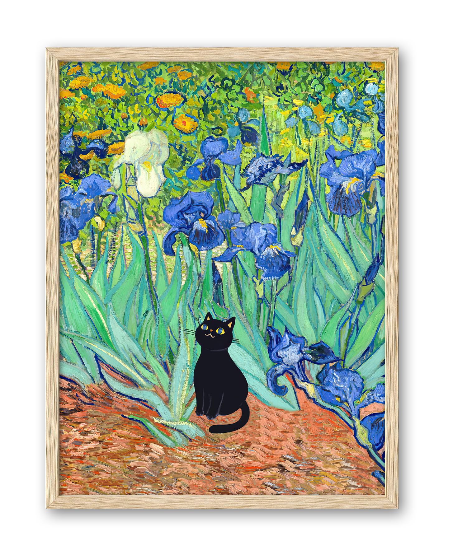 iHery Natural Wood Framed Wall Art, 12x16in Van Gogh Irises Cute Black Cat Wall Poster, Impressionism Funny Vintage Artwork, OAK