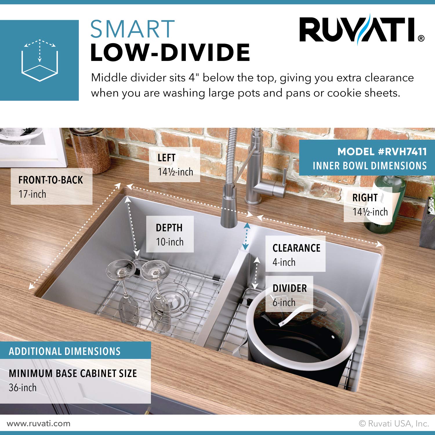 Ruvati 32-Inch Low-Divide Undermount Tight Radius 50/50 Double Bowl 16 Gauge Stainless Steel Kitchen Sink - Rvh7411