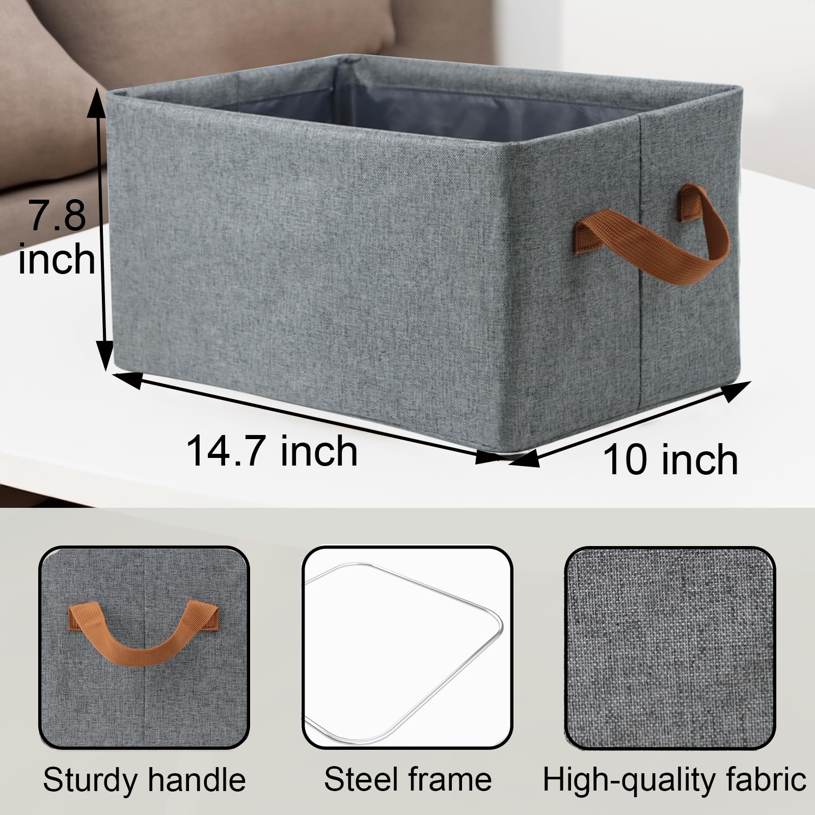 4 Pcs Linen Storage Baskets With Metal Frame, Shelf Organizer Bins, Fabric Baskets Foldable Storage Bin, Closet Organizers And S
